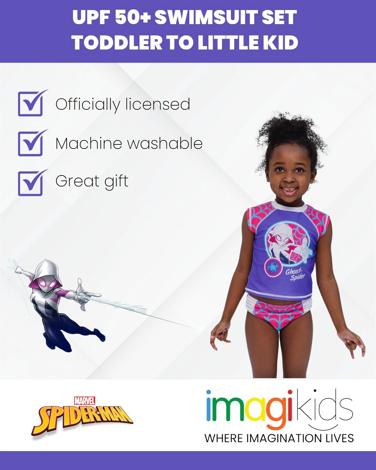 Marvel Ghost-Spider Girls' 2-Piece Swimwear Rash Guard and Bikini Bottom Set
