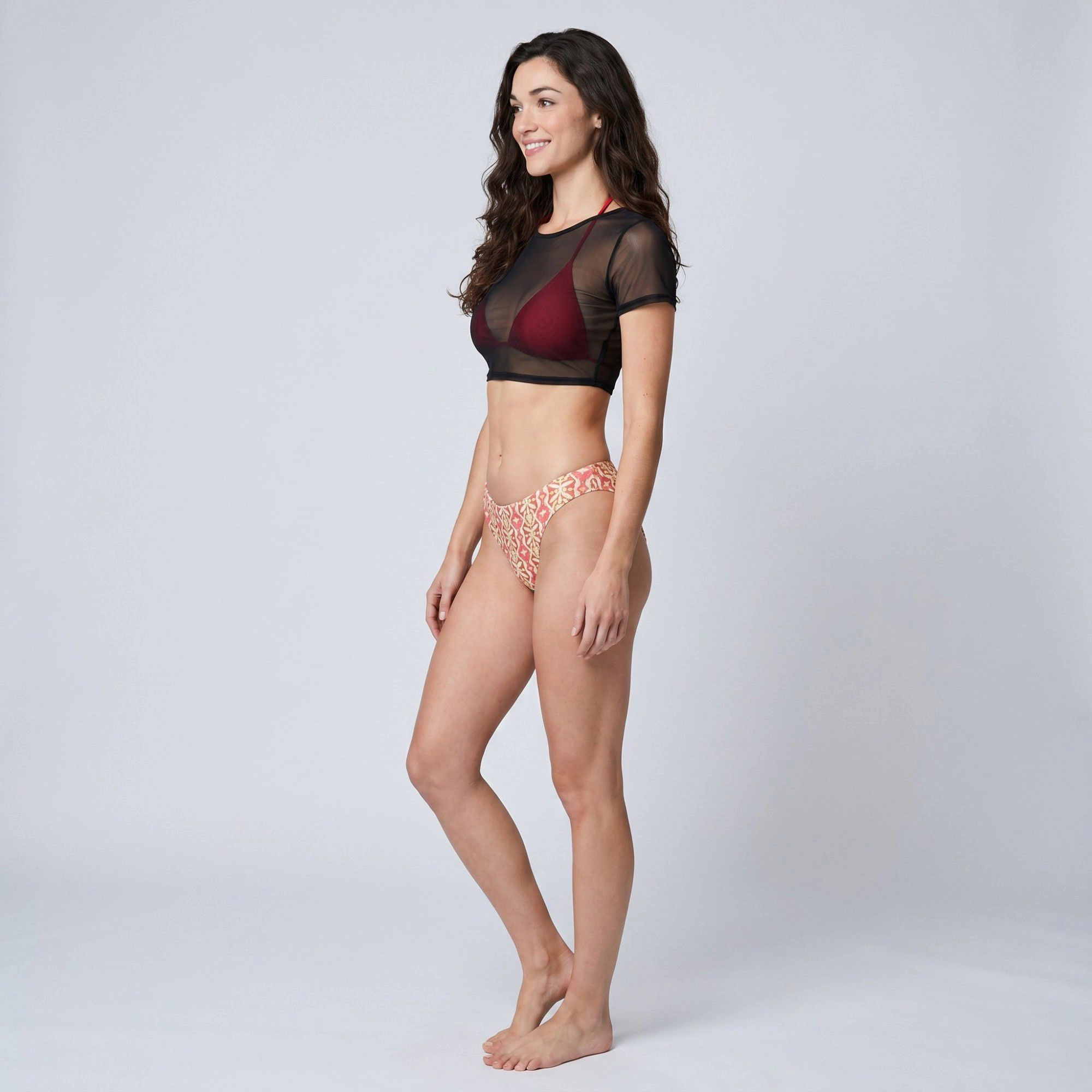 Anna-Kaci Women's 3 Piece Bikini Set with Mesh Crop Top and Printed Bottom