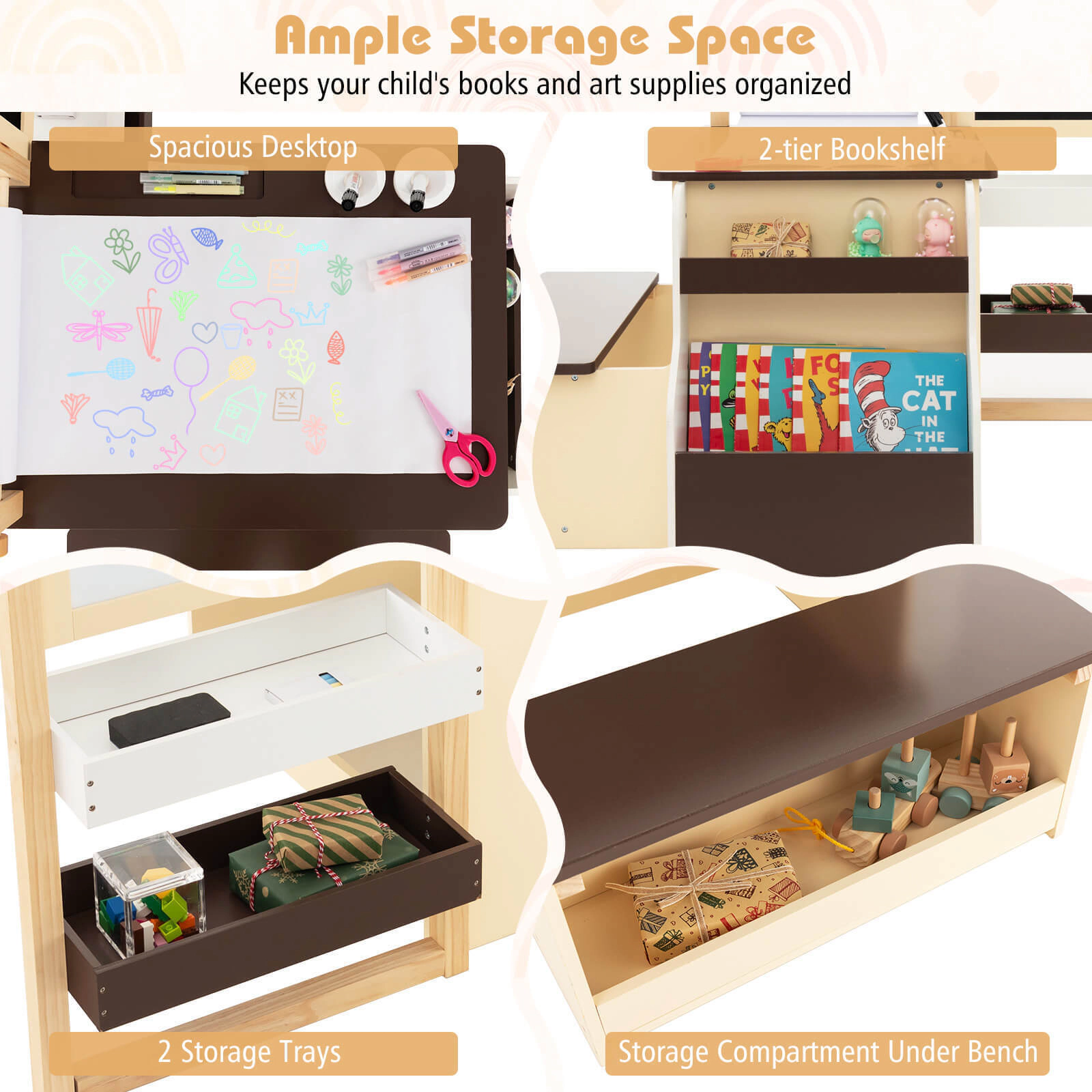 SUGIFT Kids Art Center Wooden Table Bench Set with 110-lb Tabletop and Bench Capacity Ages 3+ 45-in Tall Brown/Gray/Pink