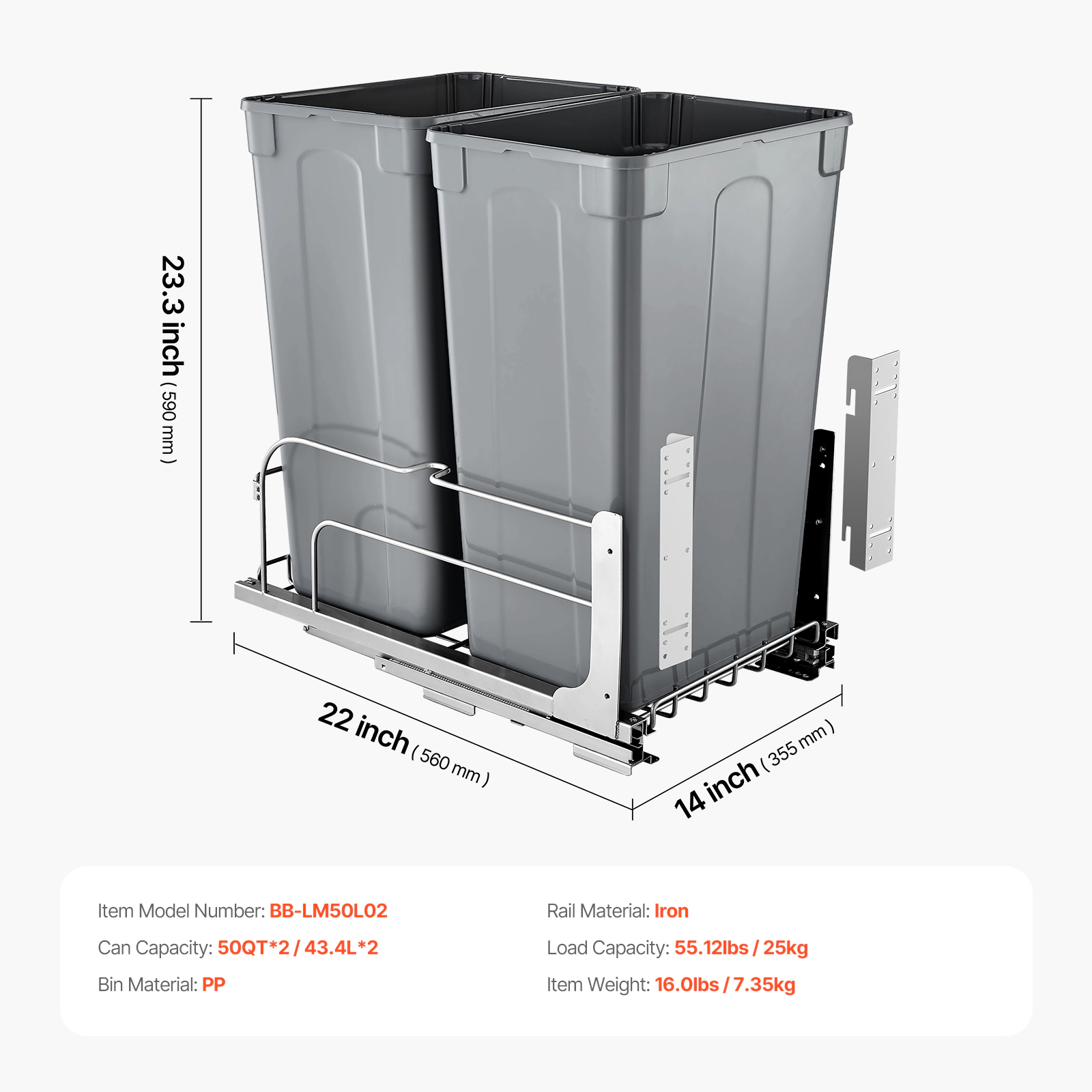 HONGGE Pull-Out Trash Can x2 Double Under Mount Kitchen Waste Container Heavy Duty Garbage Recycling Bin with Door Kit