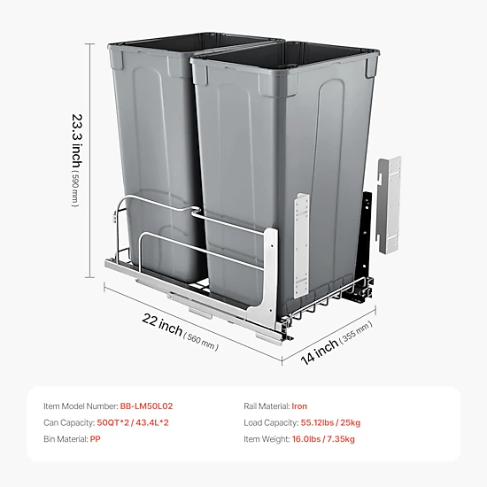 HONGGE Pull-Out Trash Can x2 Double Under Mount Kitchen Waste