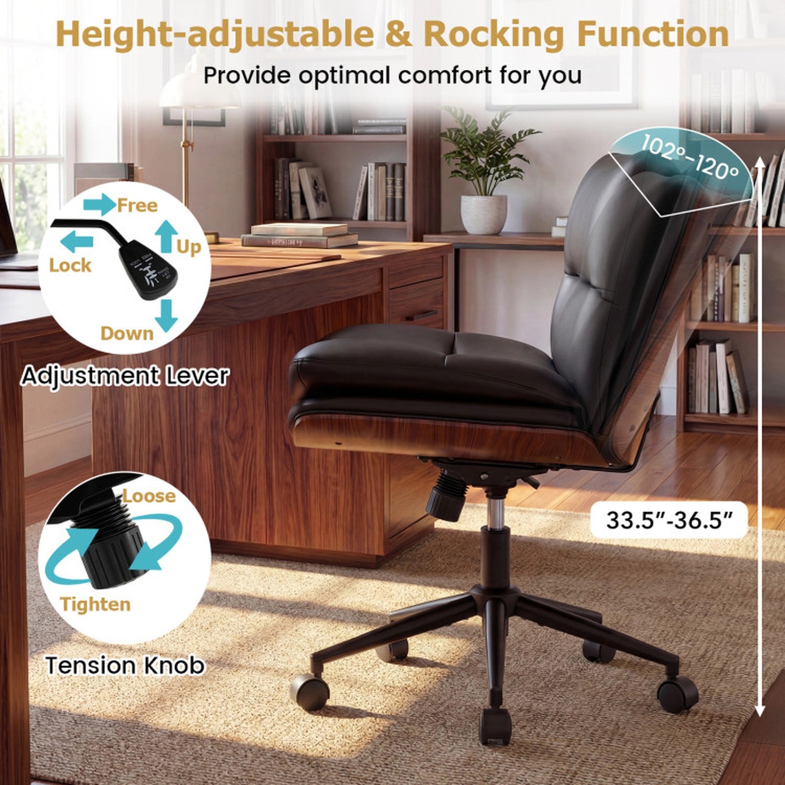SUGIFT Curved Back Armless Office Chair 245-lb Capacity Adjustable 22-25-in Seat Height Black White