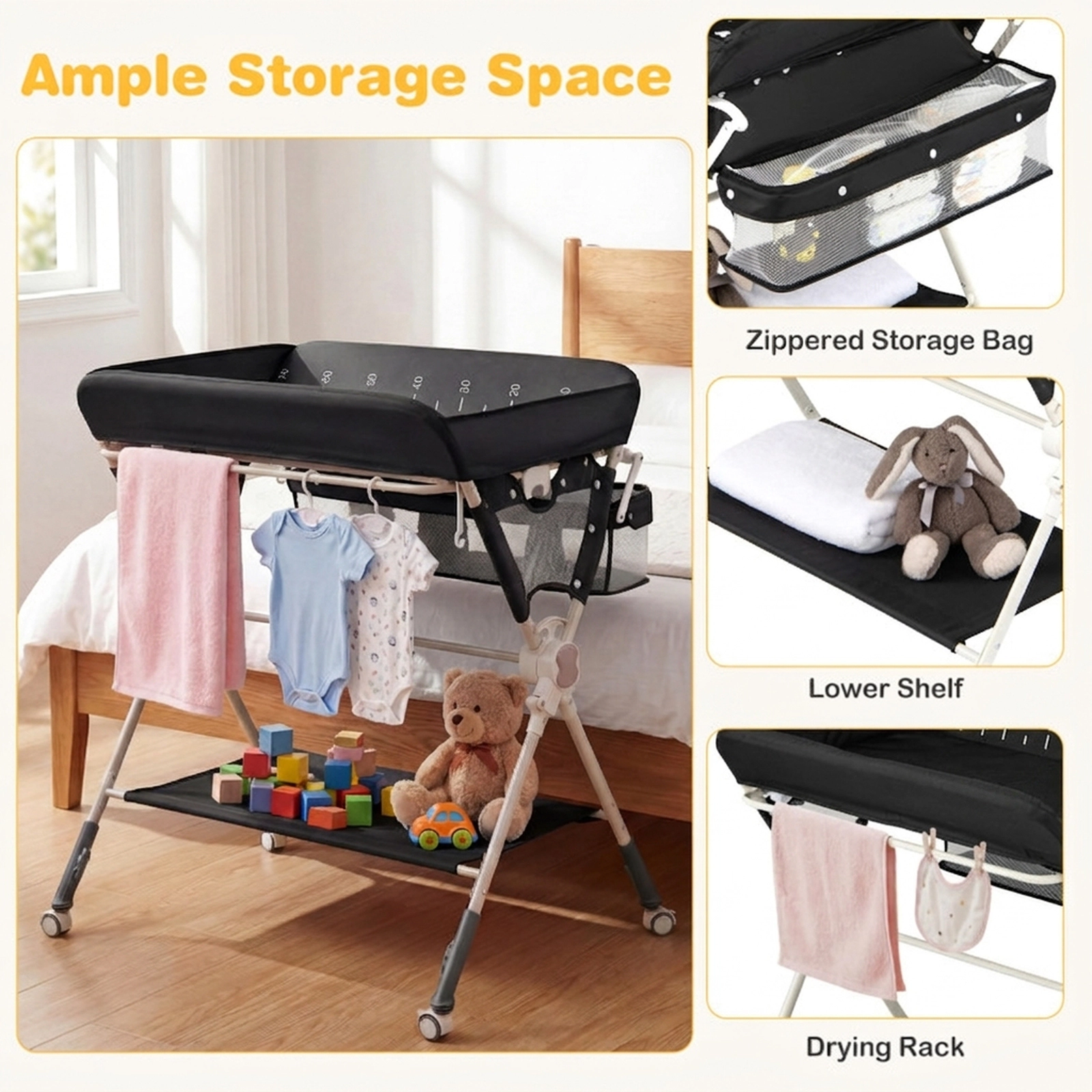 SUGIFT Foldable Baby Changing Table Black with Drying Rack Storage Bag and Shelf
