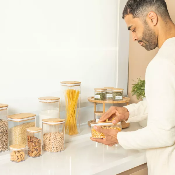 OU Airtight Food Storage Container Set 8pc, Clear Plastic Container w/ Leak Proof Bamboo Lid, Stackable Pantry Organizer