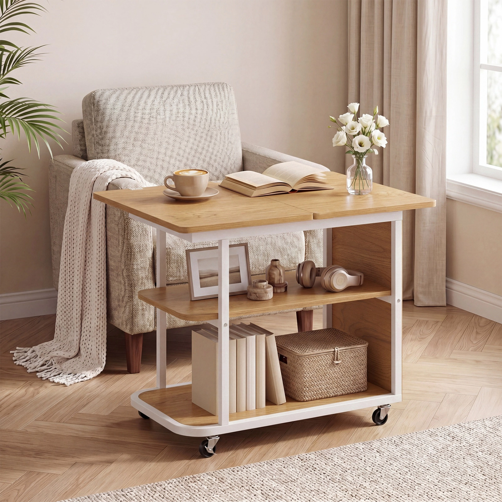 SUGIFT Mobile Night Stand with Foldable Swivel Top and 2-Tier Shelf 100-lb Tabletop Capacity Natural & White