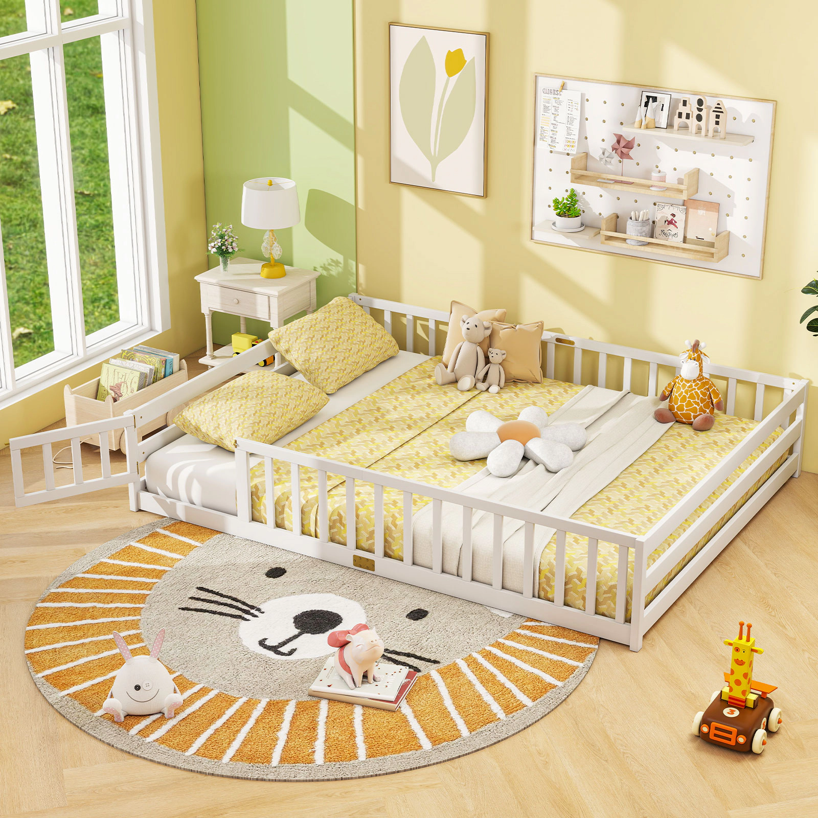 SUGIFT Low-to-Ground Queen Size Montessori Floor Bed Frame Toddler Bed Full-Length Safety Guardrails & Lockable Door