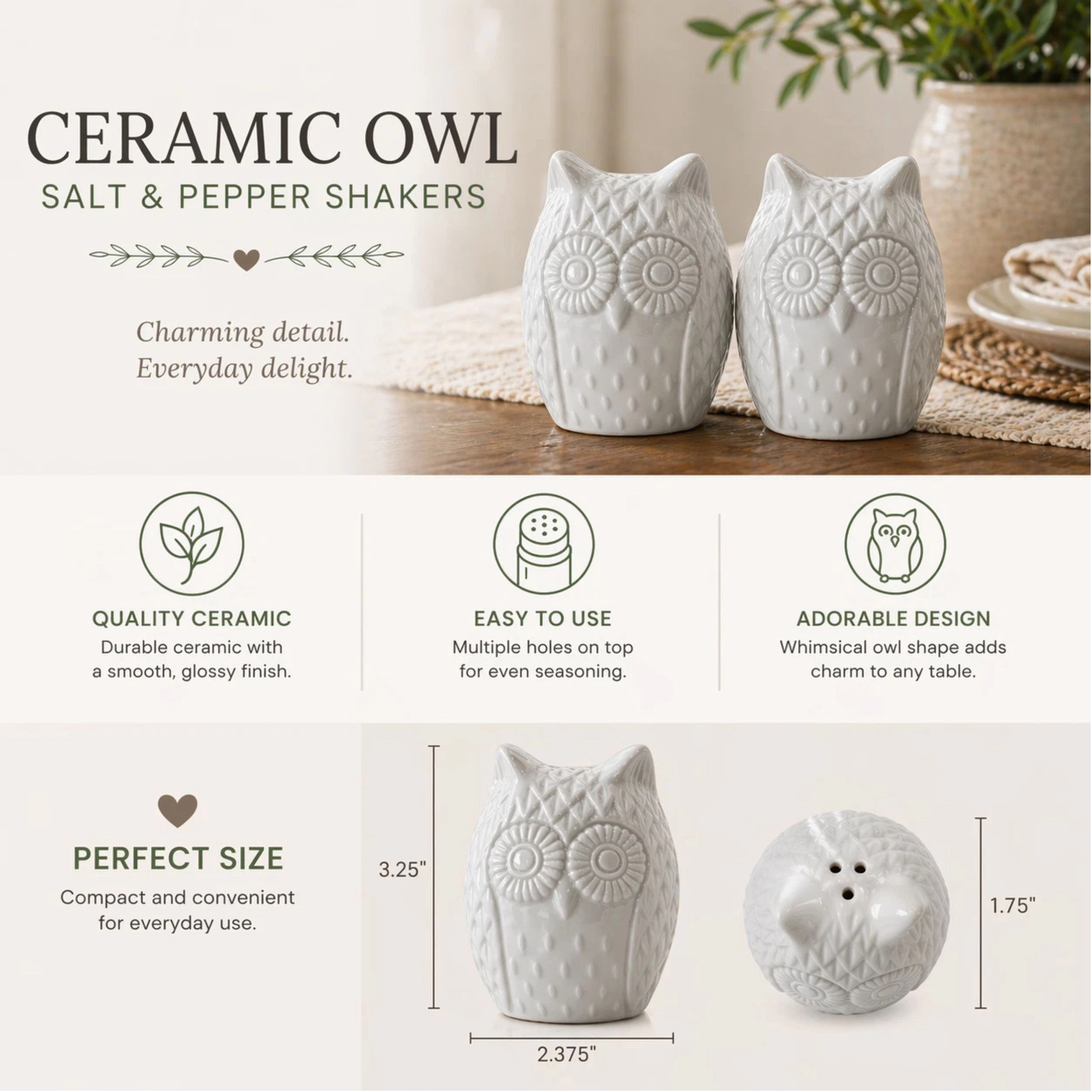 Home Collection White Ceramic Owl Salt & Pepper Shaker Set