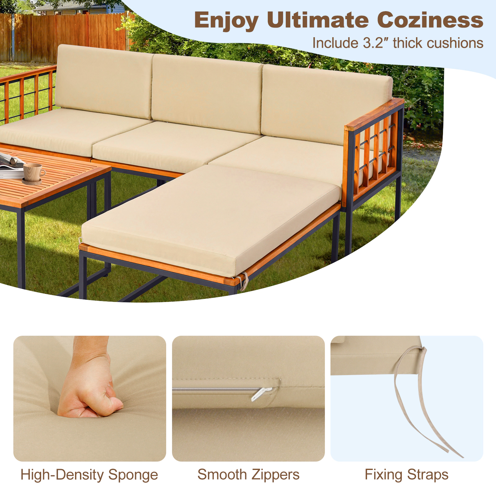 SUGIFT 5-Piece Acacia Wood Patio Sectional Set with Heavy-Duty Metal Frame Cushions and Coffee Table Beige