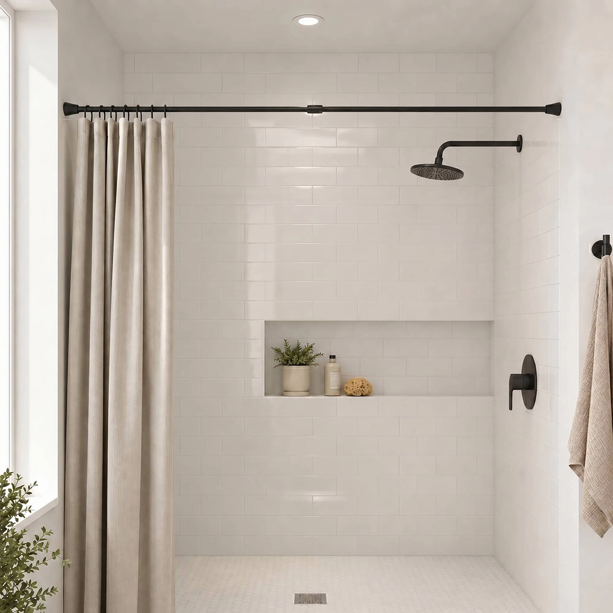 Evideco French Home Goods Adjustable Tension Shower Rod 43-79 in, 1" Diameter, No-Drill Chrome Finish