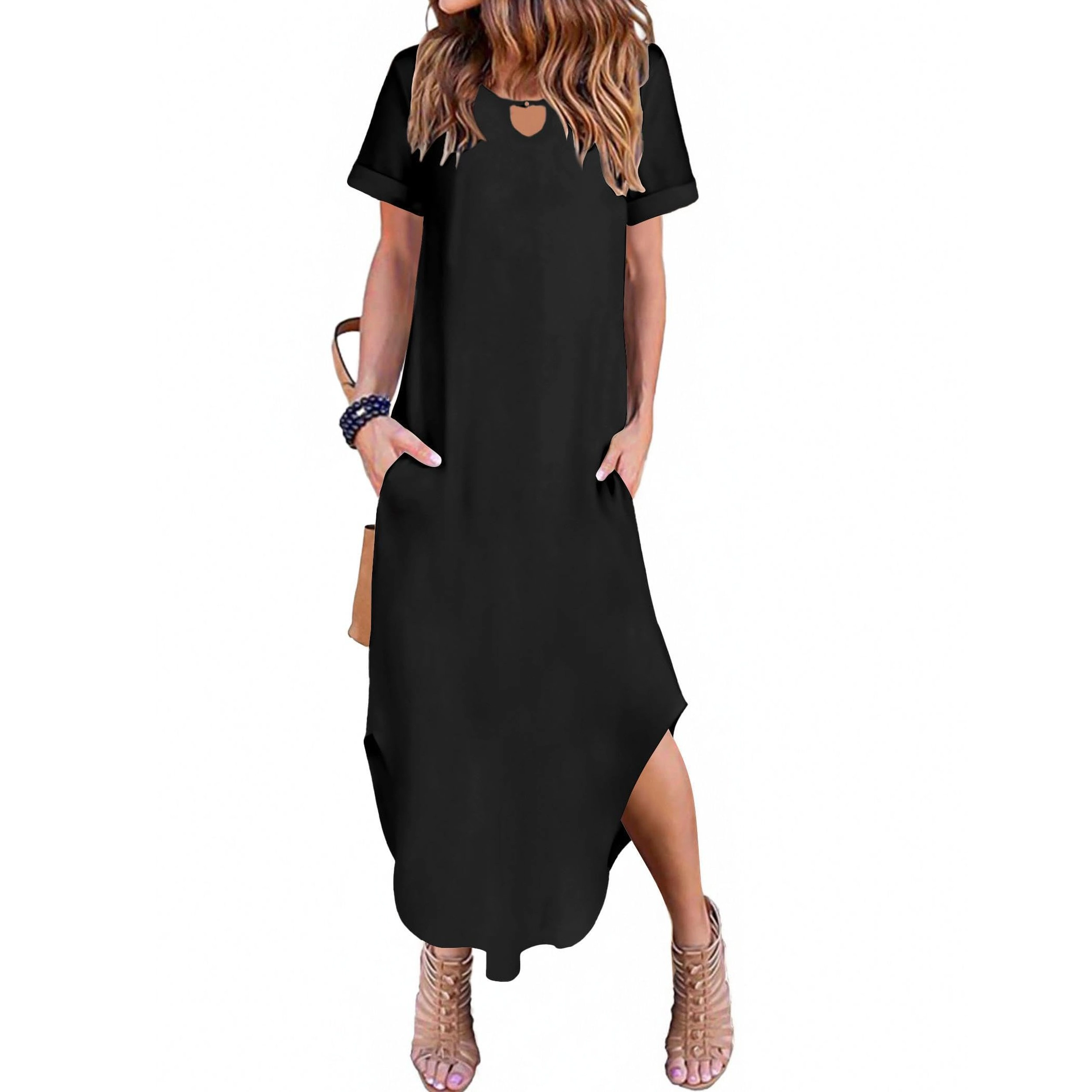 Zeagoo Women's Keyhole Neck Short Sleeve Maxi Dress