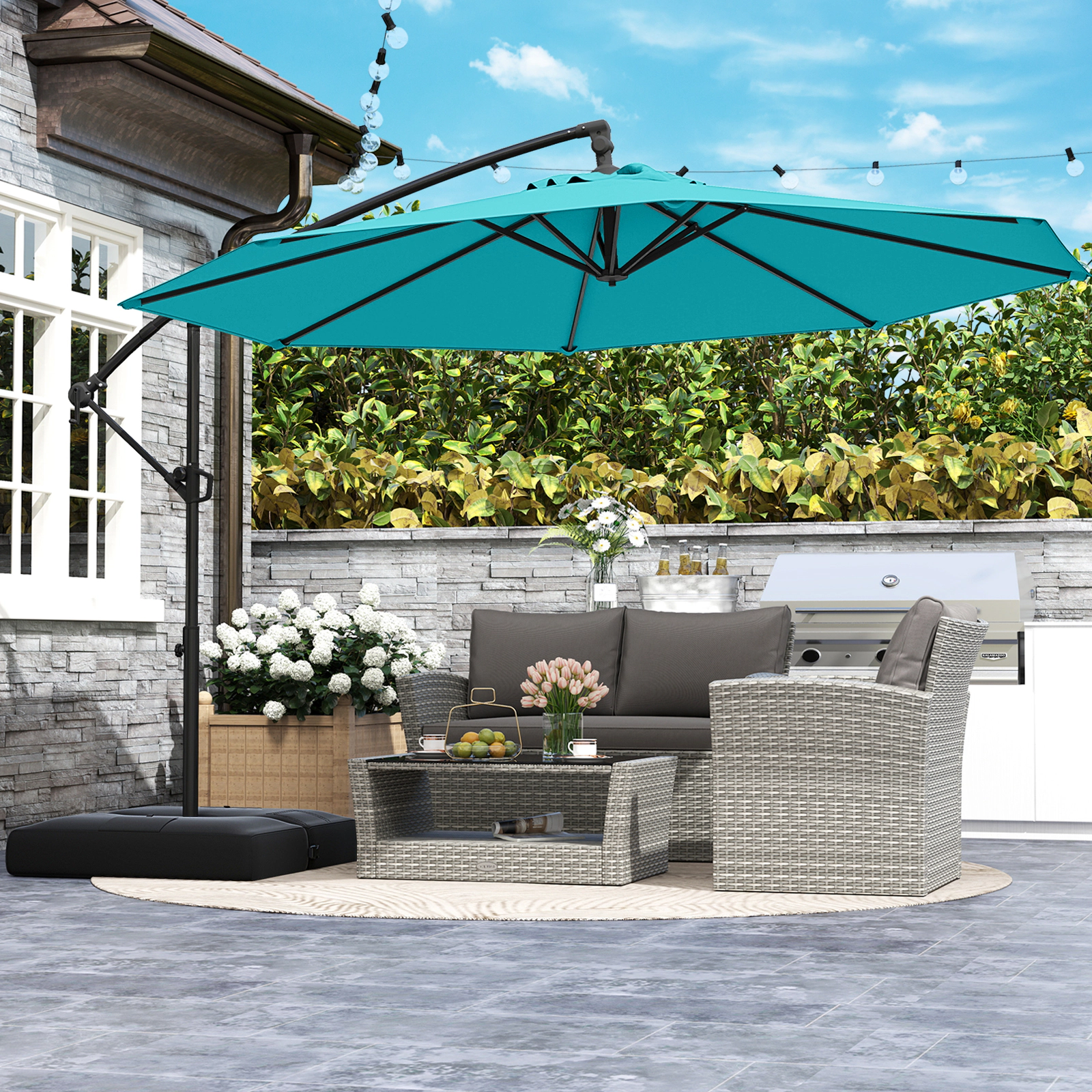 SUGIFT 10-ft Turquoise Offset Cantilever Patio Umbrella with Base Infinite Tilt and 360-Degree Rotation