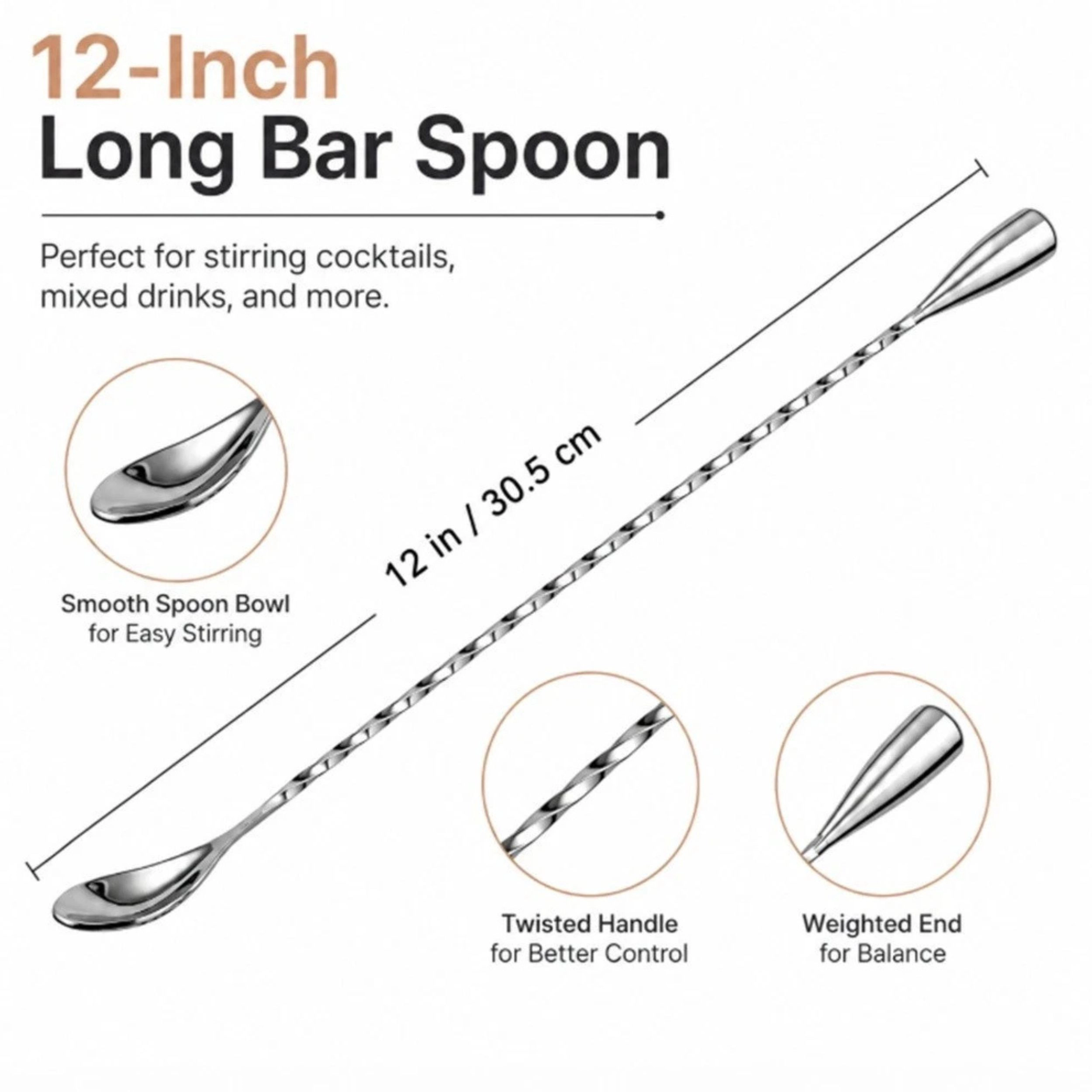Home Collection 12-Inch Stainless Steel Bar Spoon Professional Cocktail Mixing Spoon