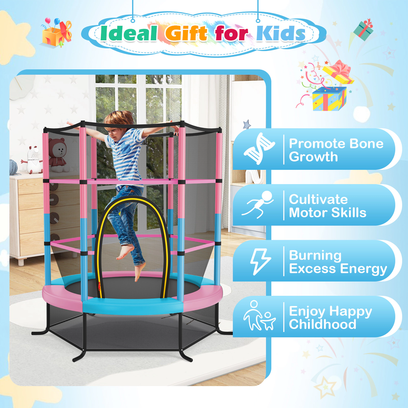 Hivvago 55 Inch Kids Recreational Trampoline Bouncing Jumping Mat with Enclosure Net