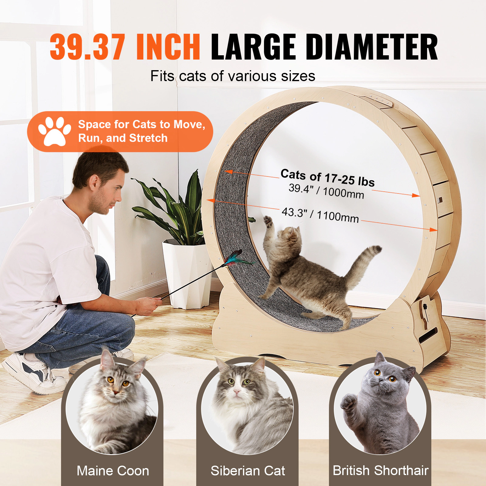 HONGGE Wooden Cat Exercise Wheel Large Cat Treadmill Wheel for Indoor Cats Cat Running Wheel with Detachable Carpet &