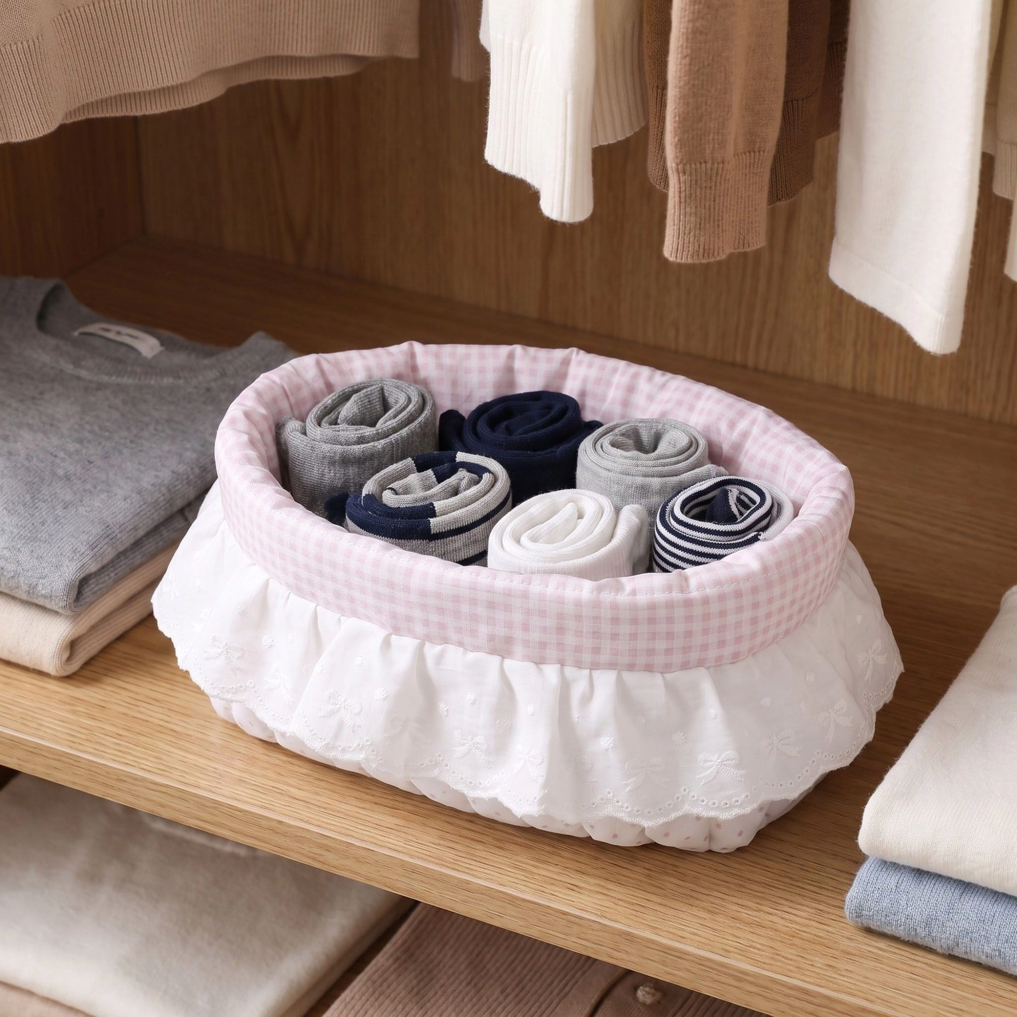 Alilang Unisex Pink Gingham Fabric Storage Basket with Lace Ruffle