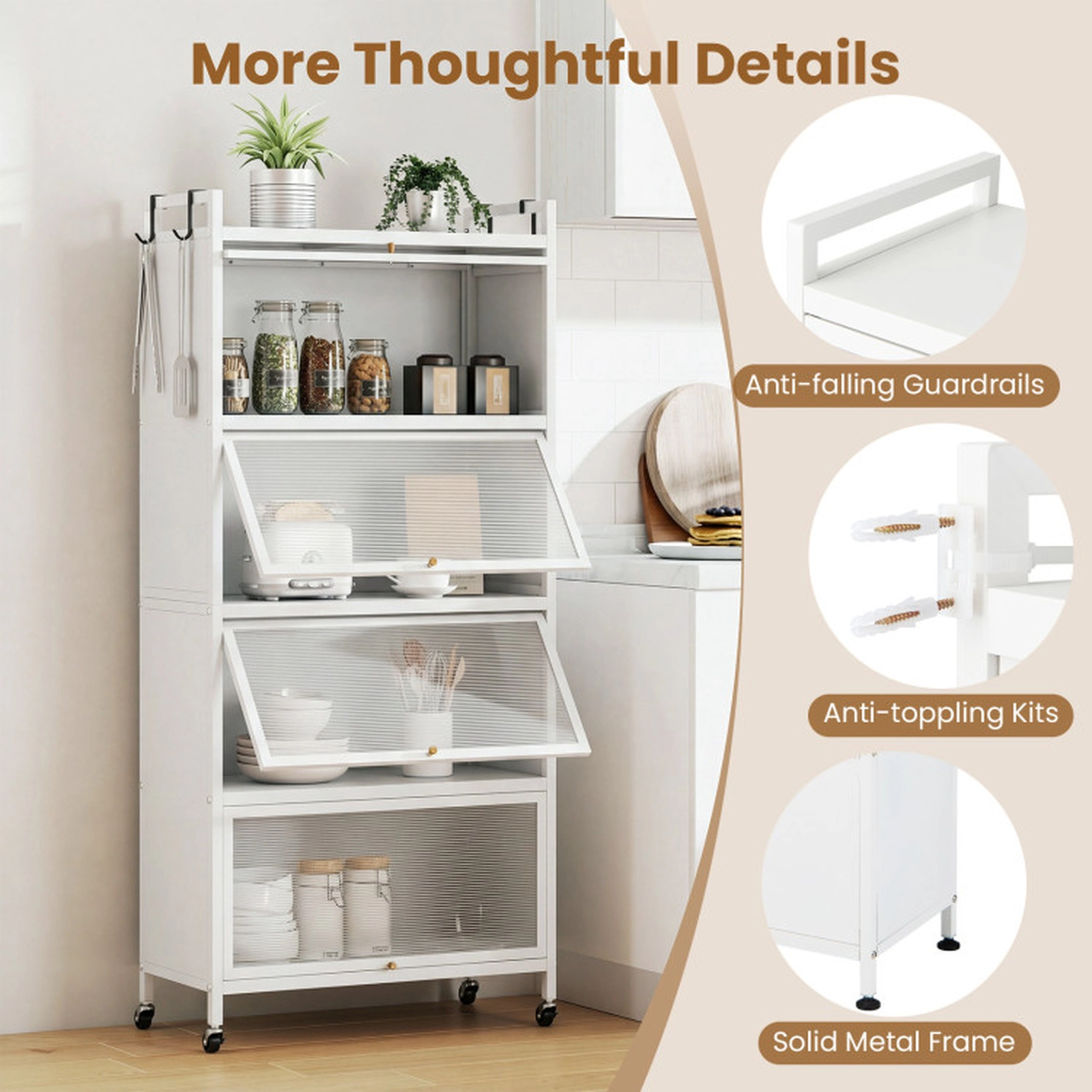 SUGIFT 5-Tier 45-lb Per-Tier 60-in White Storage Cabinet with 4 Flip-Up PC Doors Rolling Wheels and Guardrails