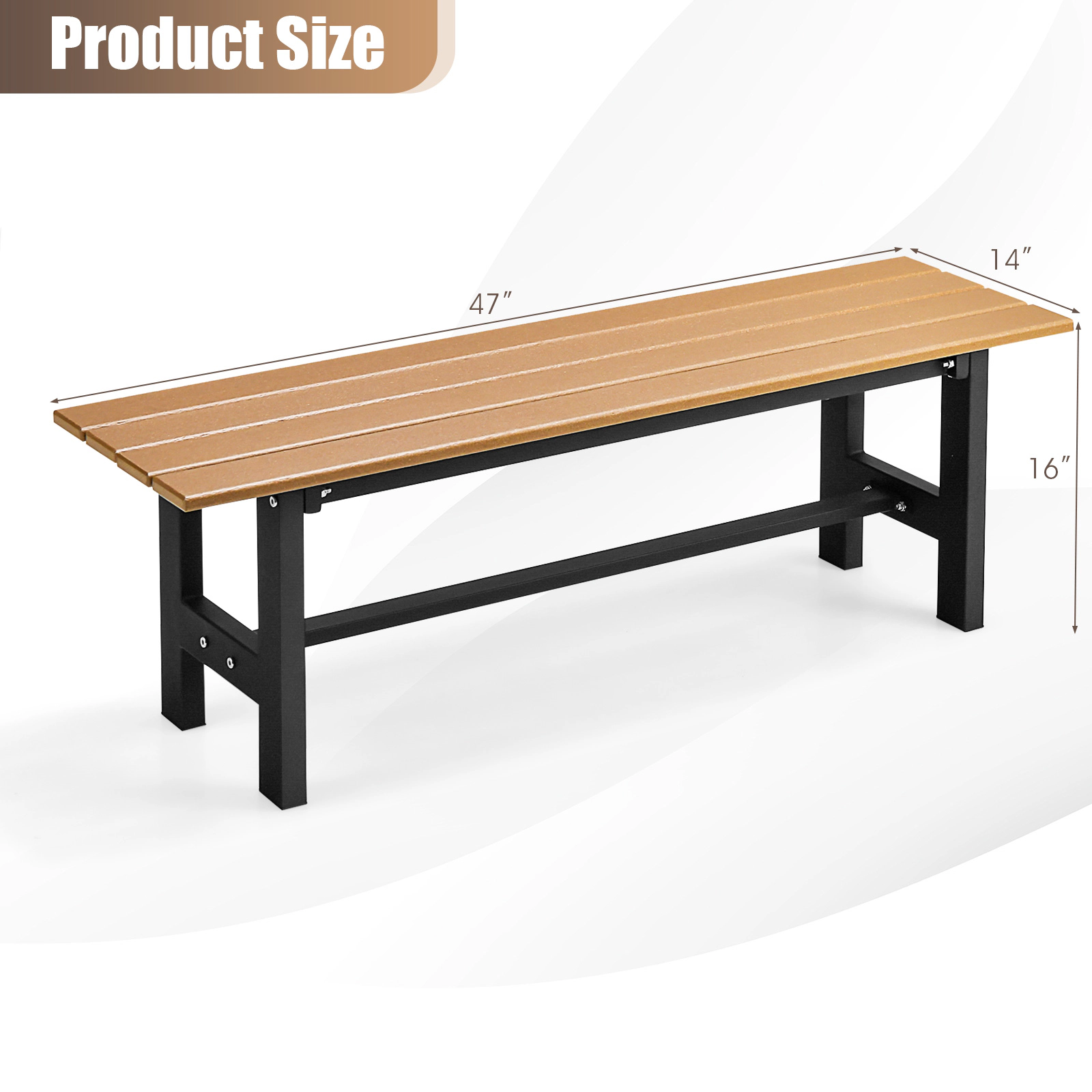 SUGIFT 47-Inch Brown HDPE Outdoor Bench, 660-Lb Capacity, Slatted Seat, Iron Frame