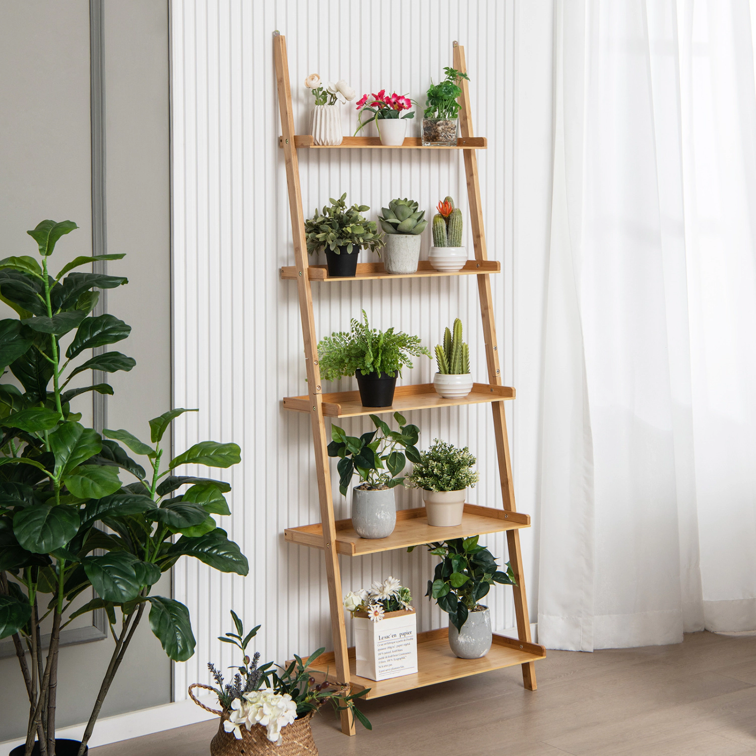 LJG 5-Tier Ladder Shelf Bamboo Bookshelf Wall-Leaning Storage Display Plant Stand