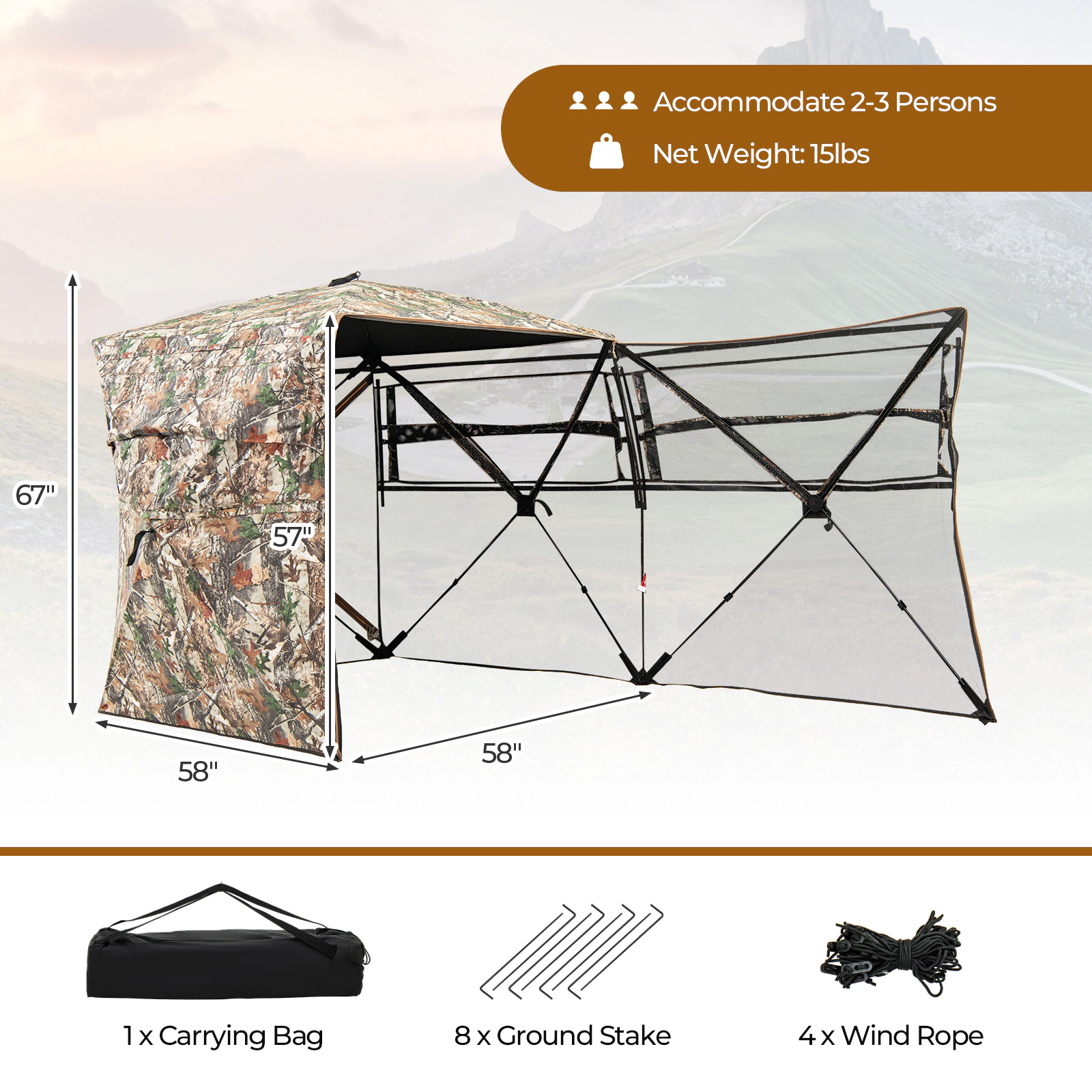 SUGIFT Camouflage 58-in Convertible Ground Blind with Full-Open Side Panel and 3 Silent Sliding Windows