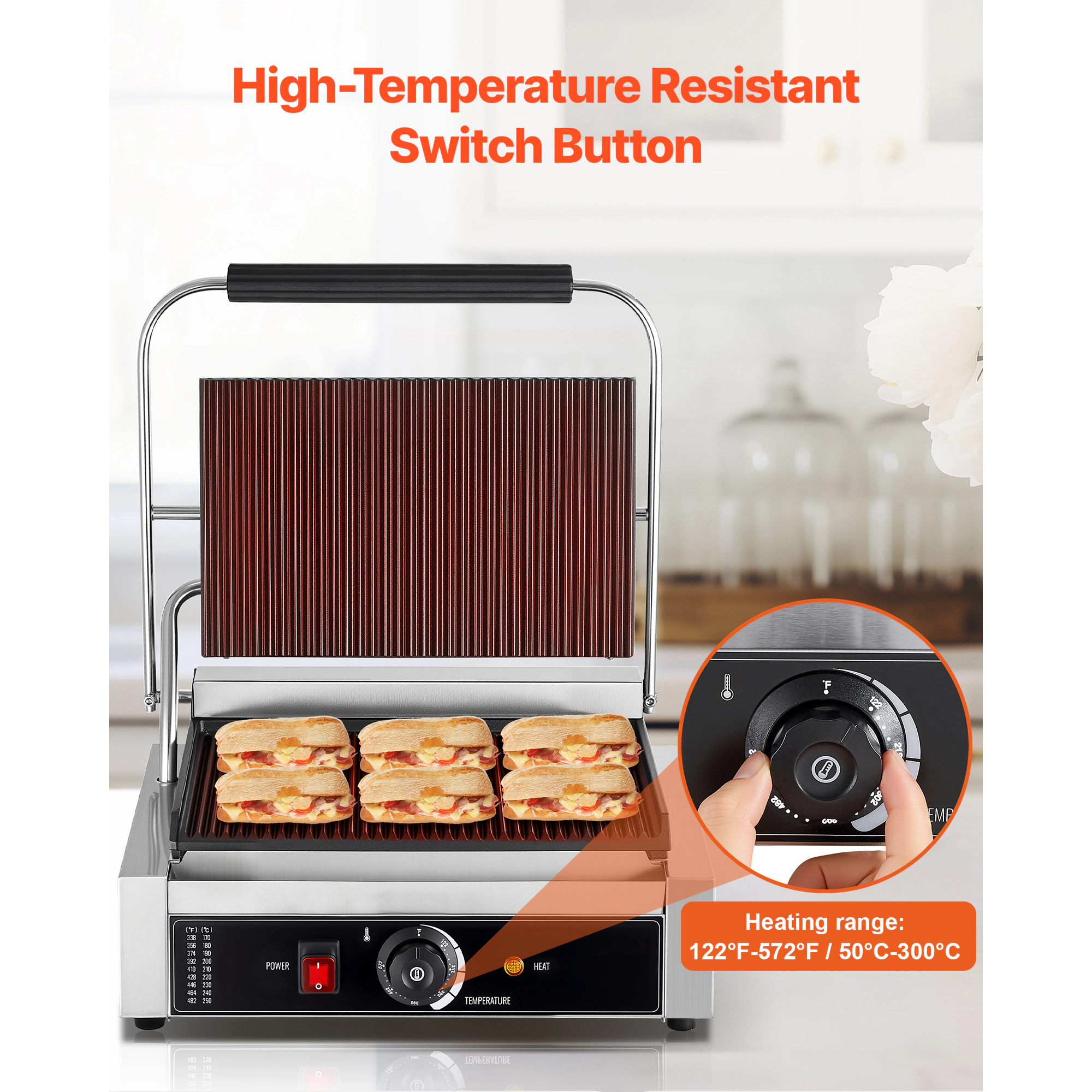 HONGGE Commercial Panini Grill 1800W Electric Sandwich Panini Maker Stainless Steel Sandwichs Press with Handle and