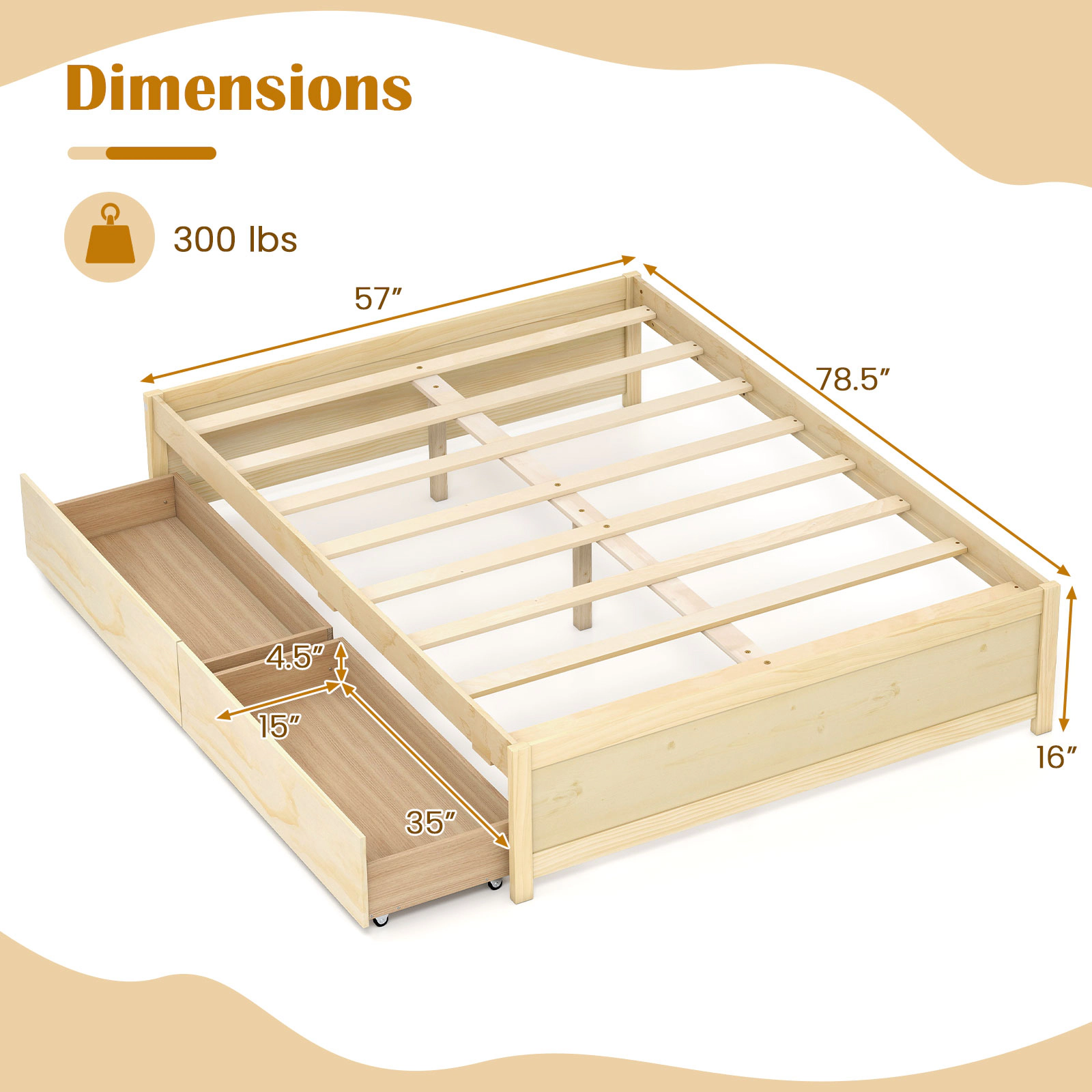Full Size Wooden Bed Frame with 2 Rolling Storage Drawers Low Profile Platform Bed with 8 Plywood Slats Natural