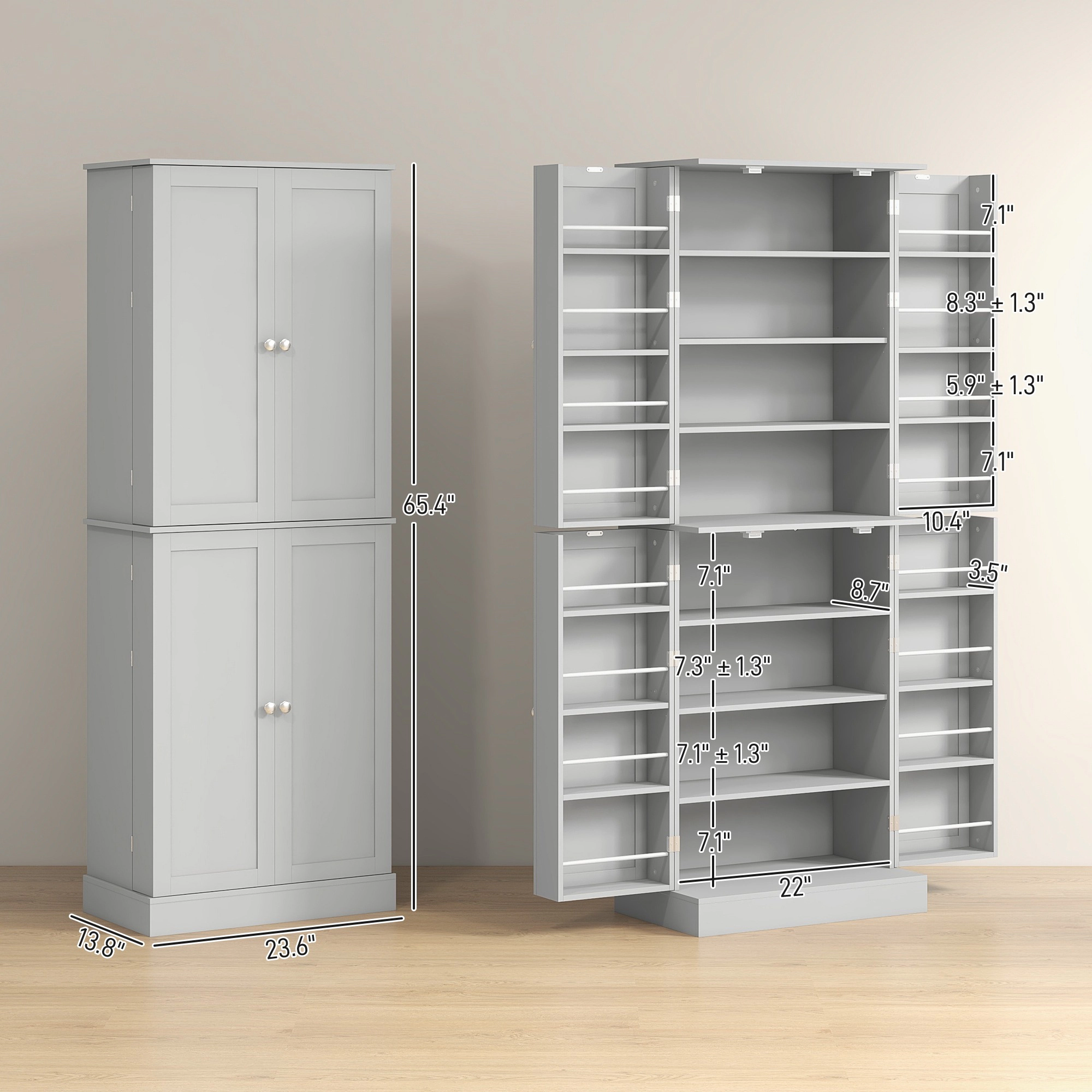 HONGGE 65" Kitchen Cabinet, Kitchen Pantry Cabinet with 4 Doors and 16 Door Shelves for Dining Room
