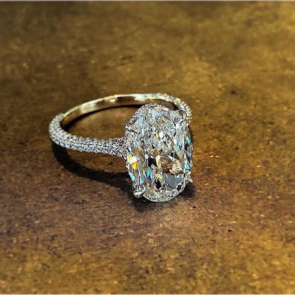 Oval Cut Cubic Zirconia Halo Engagement Ring Pave Shank Two‑Tone Wedding Ring for Women