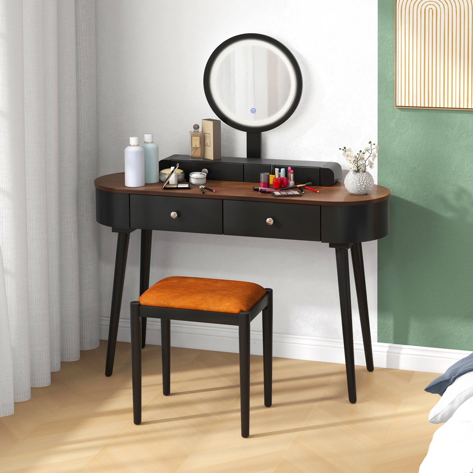SUGIFT 47-Inch Makeup Vanity Set, LED Mirror, 2 Heights, Drawers and Cushioned Stool