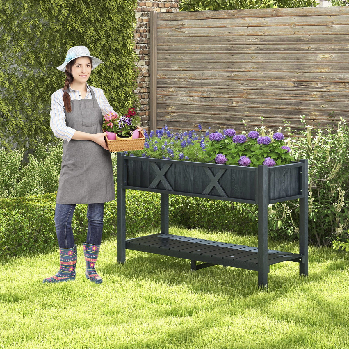 SUGIFT 47-in 110-lb Capacity Black HIPS Poly Wood Elevated Raised Garden Bed with Legs and 66-lb Storage Shelf
