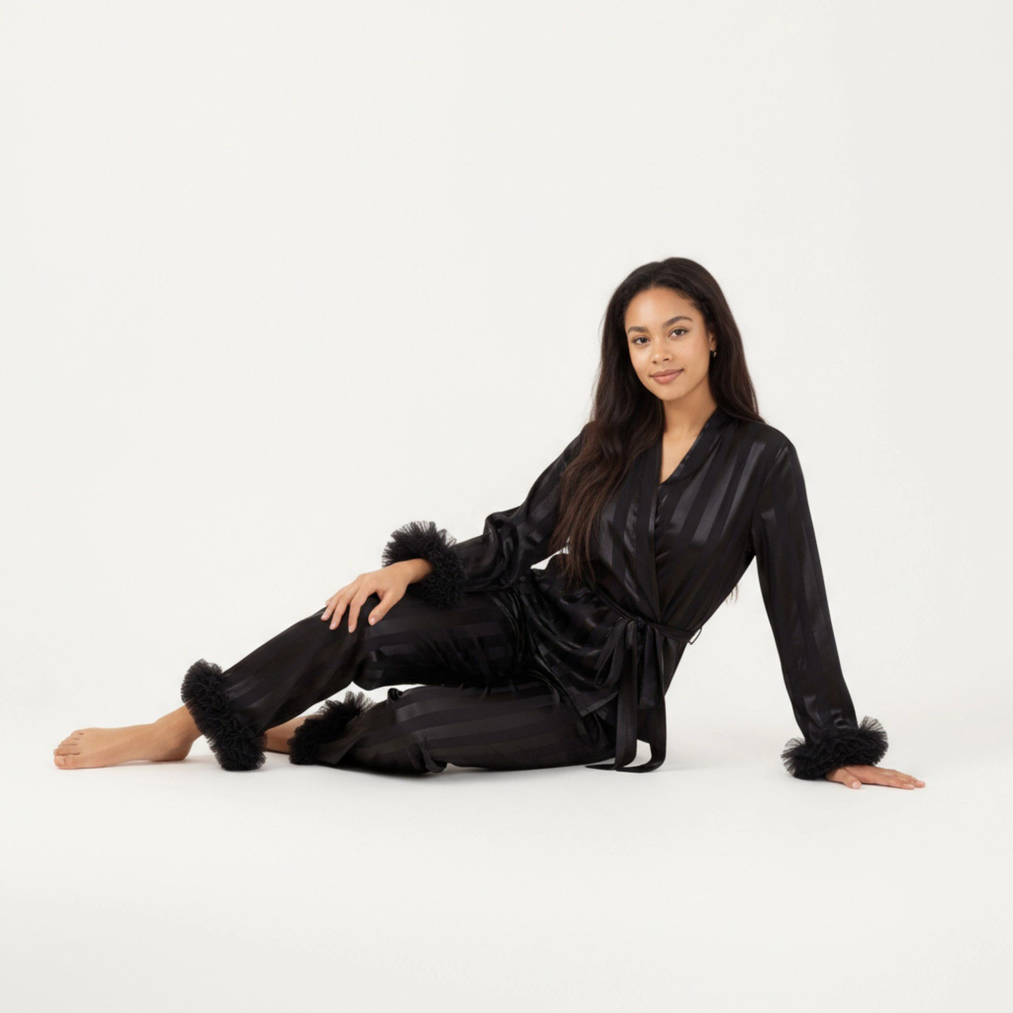 Anna-Kaci Women's 2-Piece Satin Wrap Long Sleeve Feather Trim Top and Straight Leg Pants