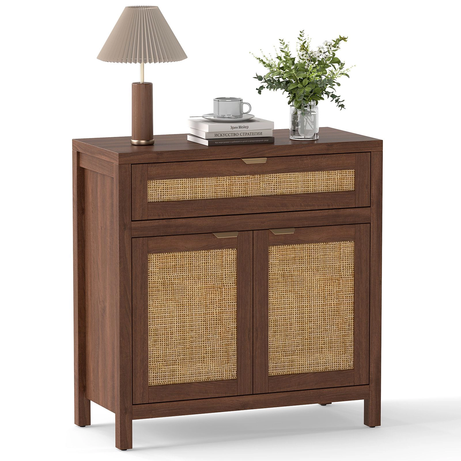 SlickBlue Modern Storage Cabinet with Drawer and Rattan Accents for Dining Room