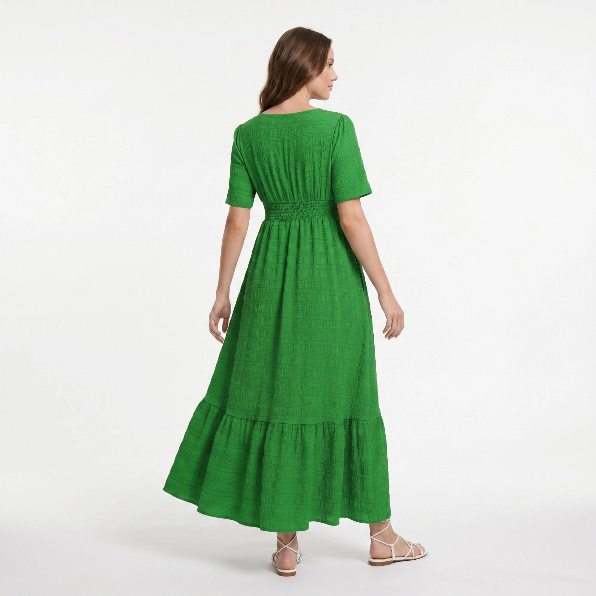 Anna-Kaci Women's Maternity V Neck Textured Short Sleeve Tiered Hem Midi Dress