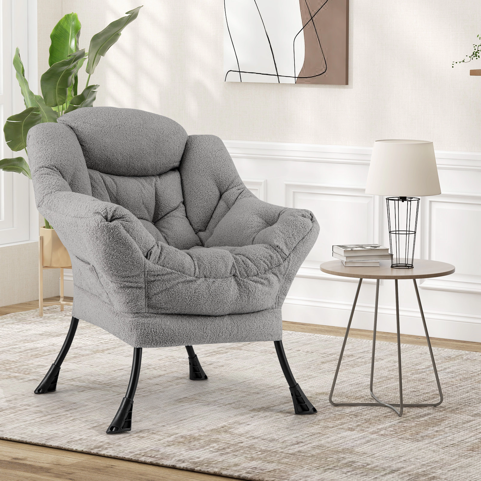 SUGIFT Sherpa Upholstered Accent Chair with Cozy Head Pillow 330-lb Capacity Beige Gray Pink
