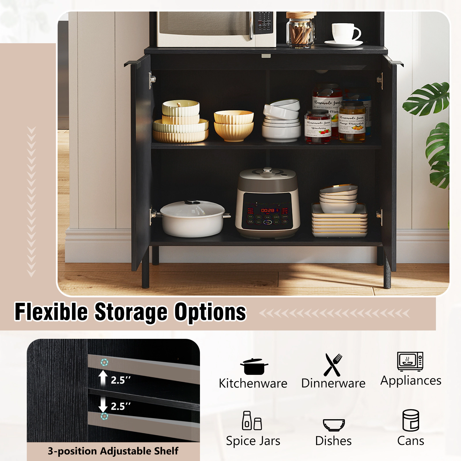 SUGIFT 64.5-in Tall 90-lb Countertop Black Pantry Cabinet with Charging Station Wine Glass Rack and Open Shelf