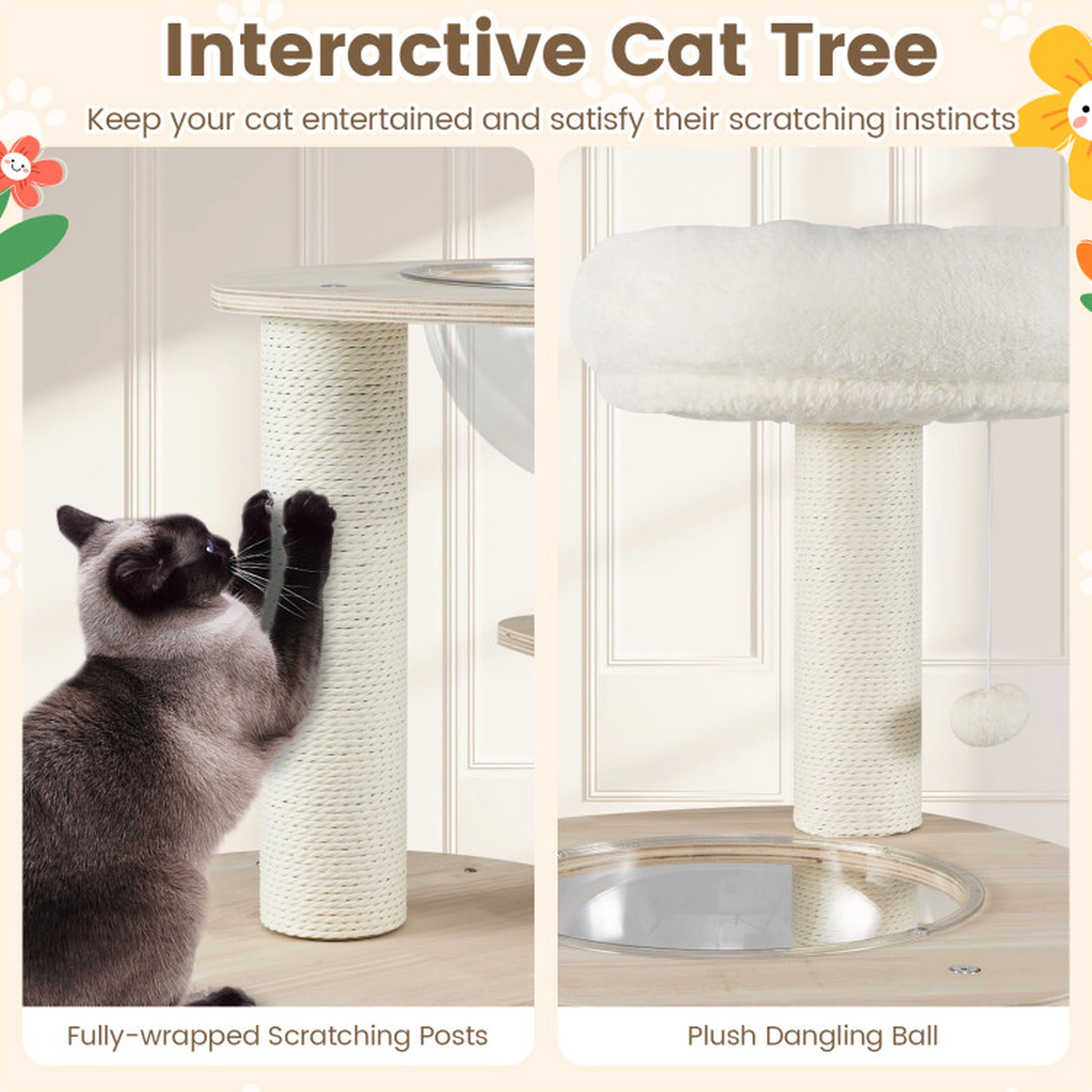 SUGIFT 52 in Wooden Cat Tree Natural with Washable Plush Cushions and Space Capsule