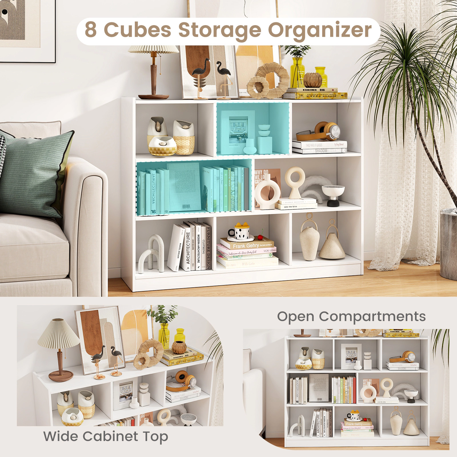 SUGIFT 3-Tier 8-Cube Engineered Wood Floor Standing Bookcase 132-lb Top Capacity 48-in Wide Storage Shelves White