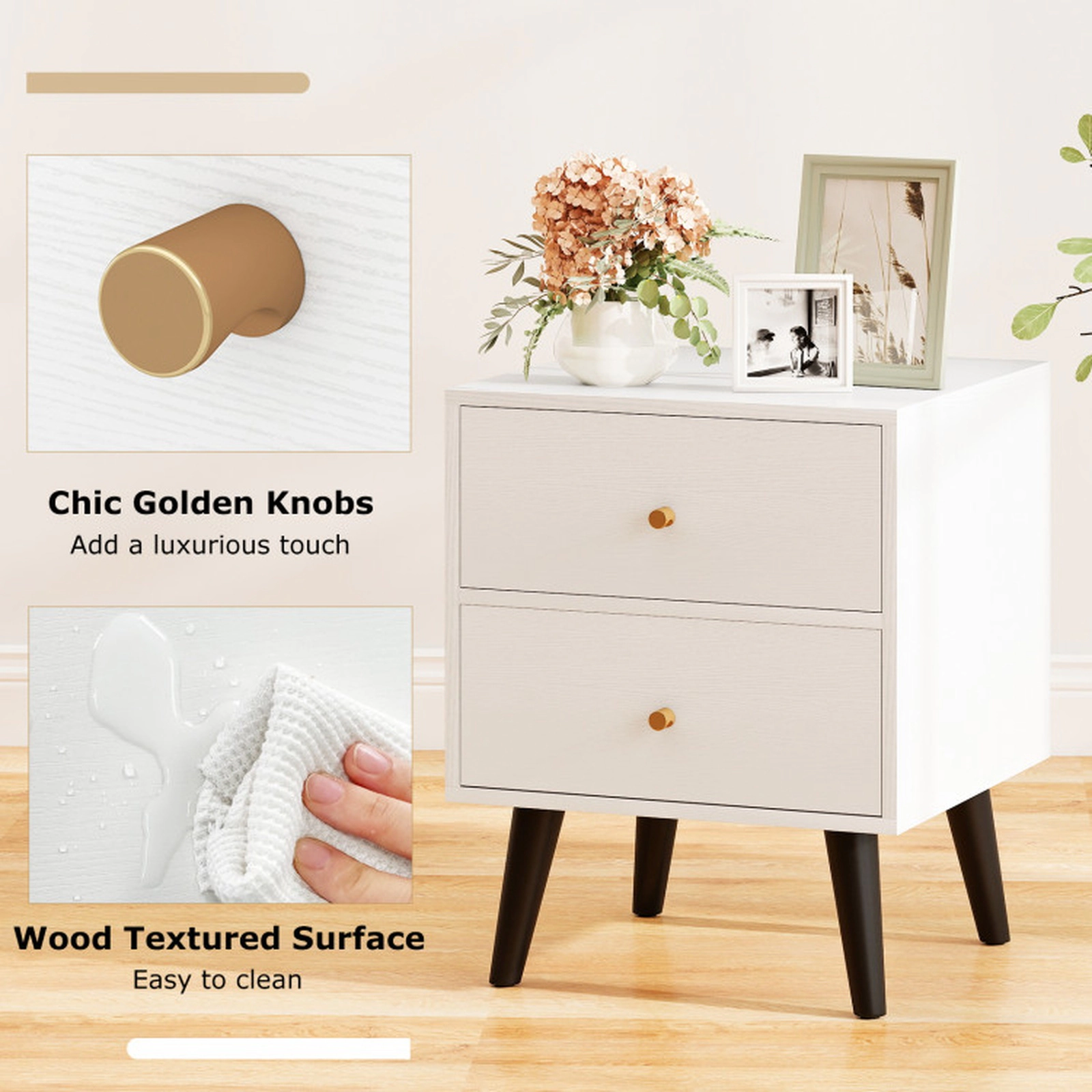 SUGIFT Mid Century Modern Nightstand 2 Drawers Golden Handles & Raised Legs 66-lb Tabletop Capacity White