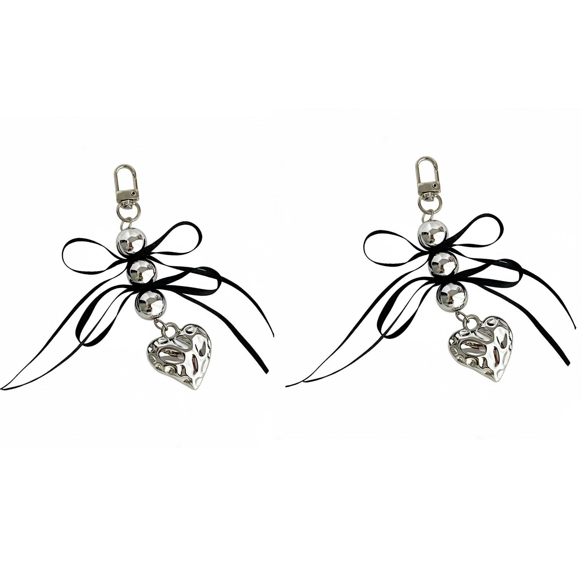 Alilang Women's 2 Pack Heart Charm Keychain with Bow Accent Bead Detail Clip and Key Ring Bag Accessory, Black