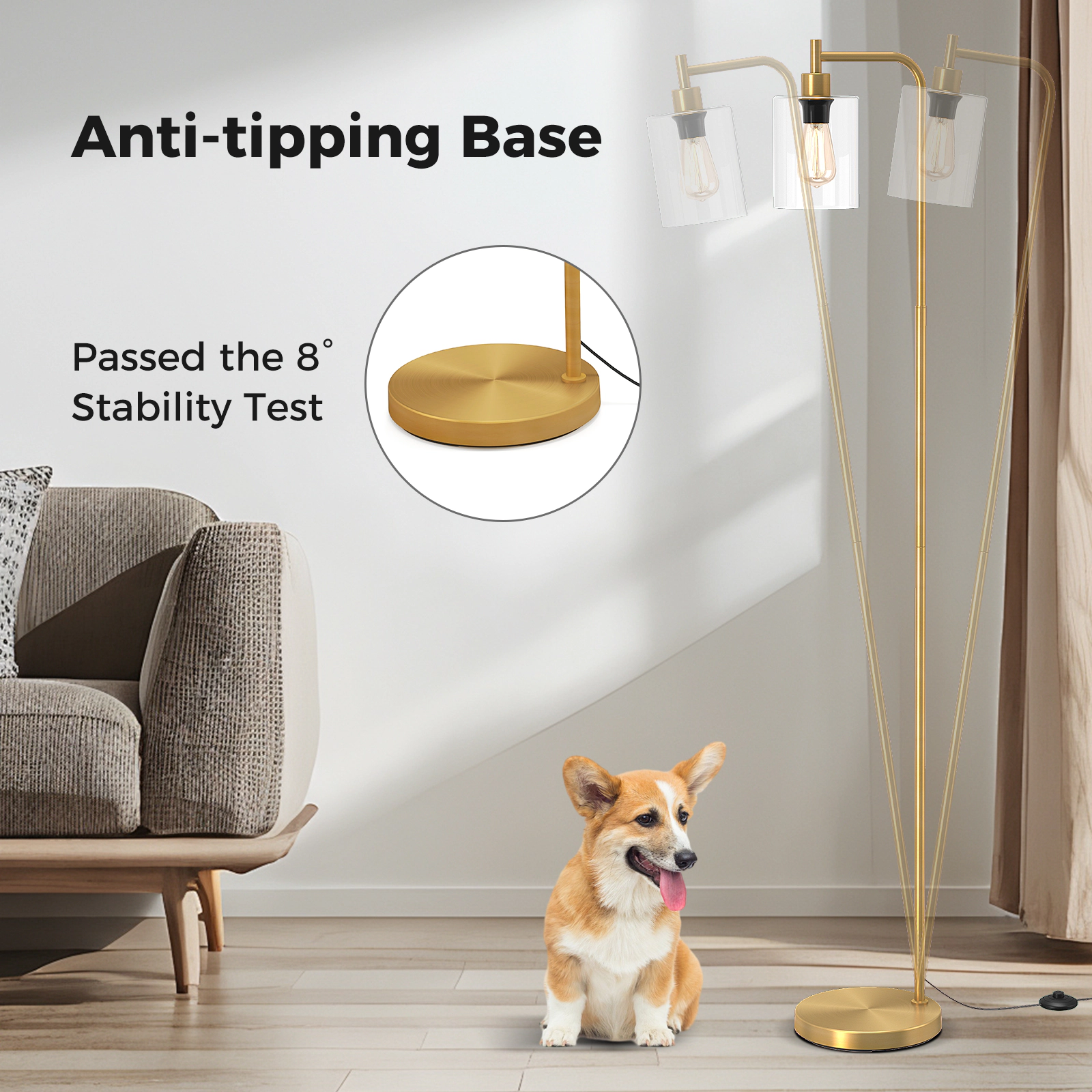 SUGIFT Modern Metal Floor Lamp with Hanging Glass Lampshade and Foot Switch 66-in Tall E26 Socket Black/Gold
