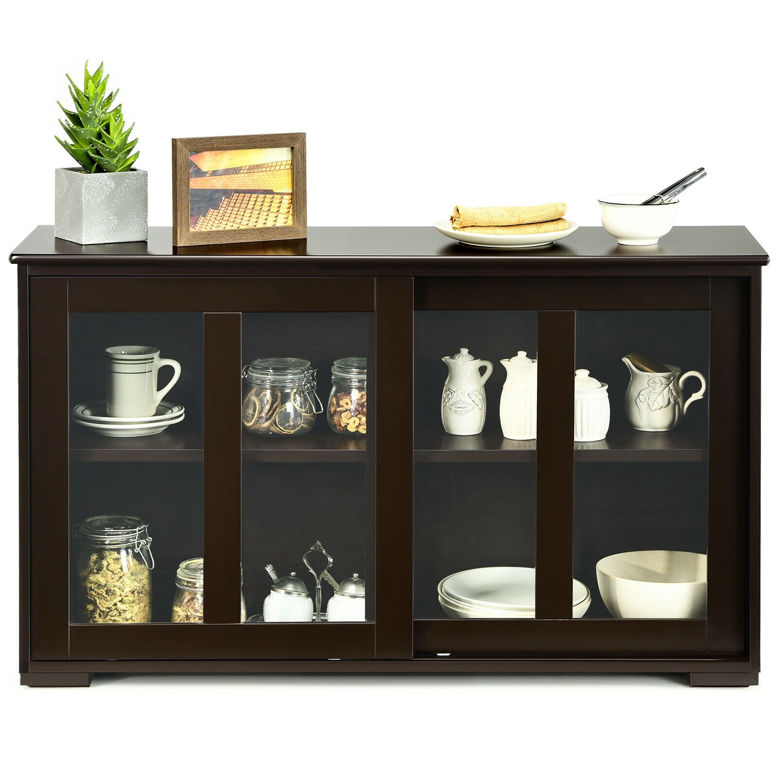 SUGIFT Sliding Tempered Glass Doors Adjustable Shelf Sideboard Cupboard 42-in x 13-in x 24.5-in 2 Shelves Brown