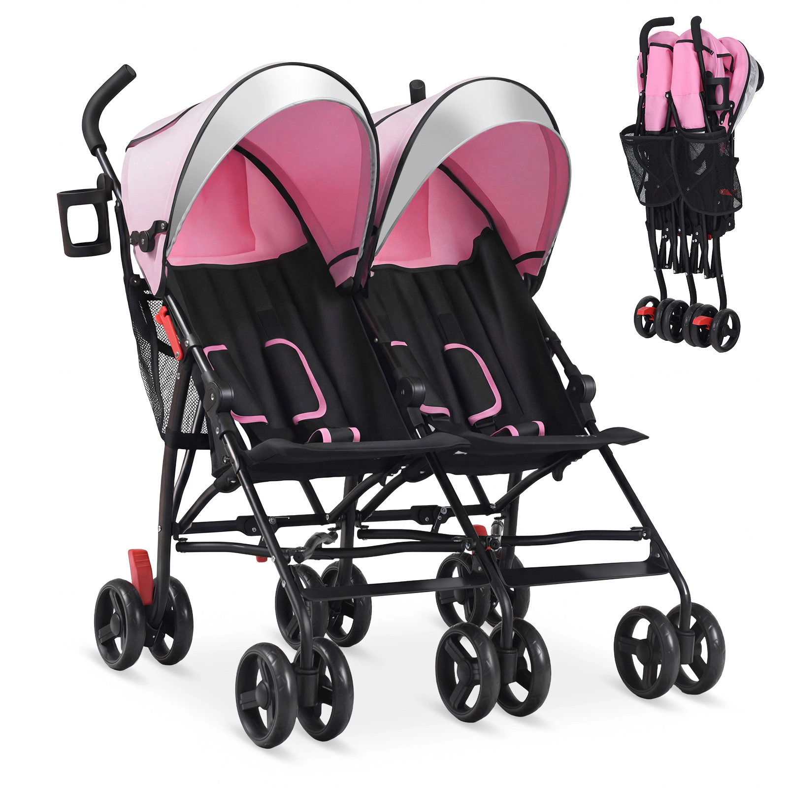 SUGIFT Foldable Twin Umbrella Double Stroller 35-lb Capacity Per Seat Ages 7-36 Months Black/Pink