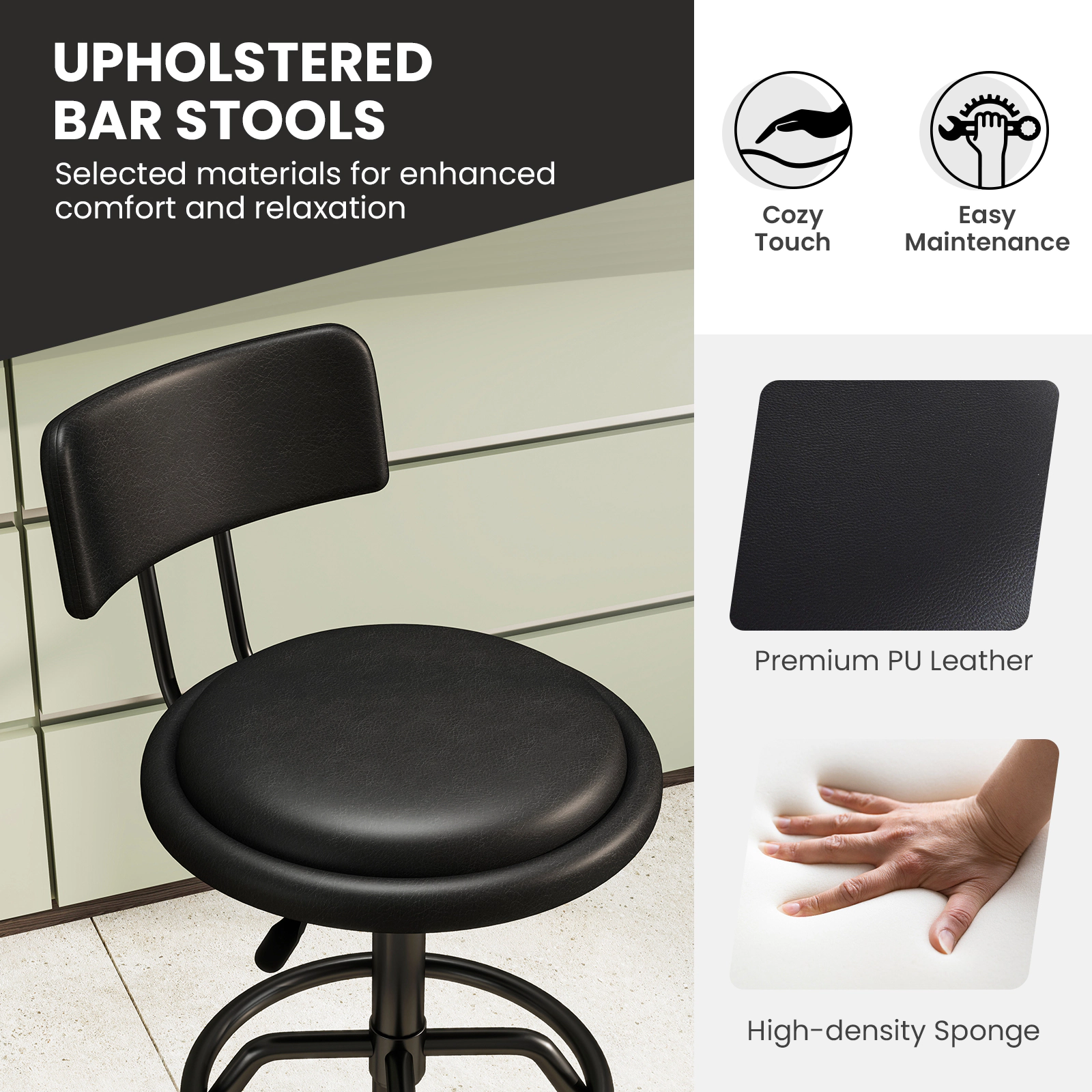 SUGIFT 360° Swivel Adjustable Counter Height Bar Stool with Padded Seat and Back 330-Lb Capacity Black Set of 2