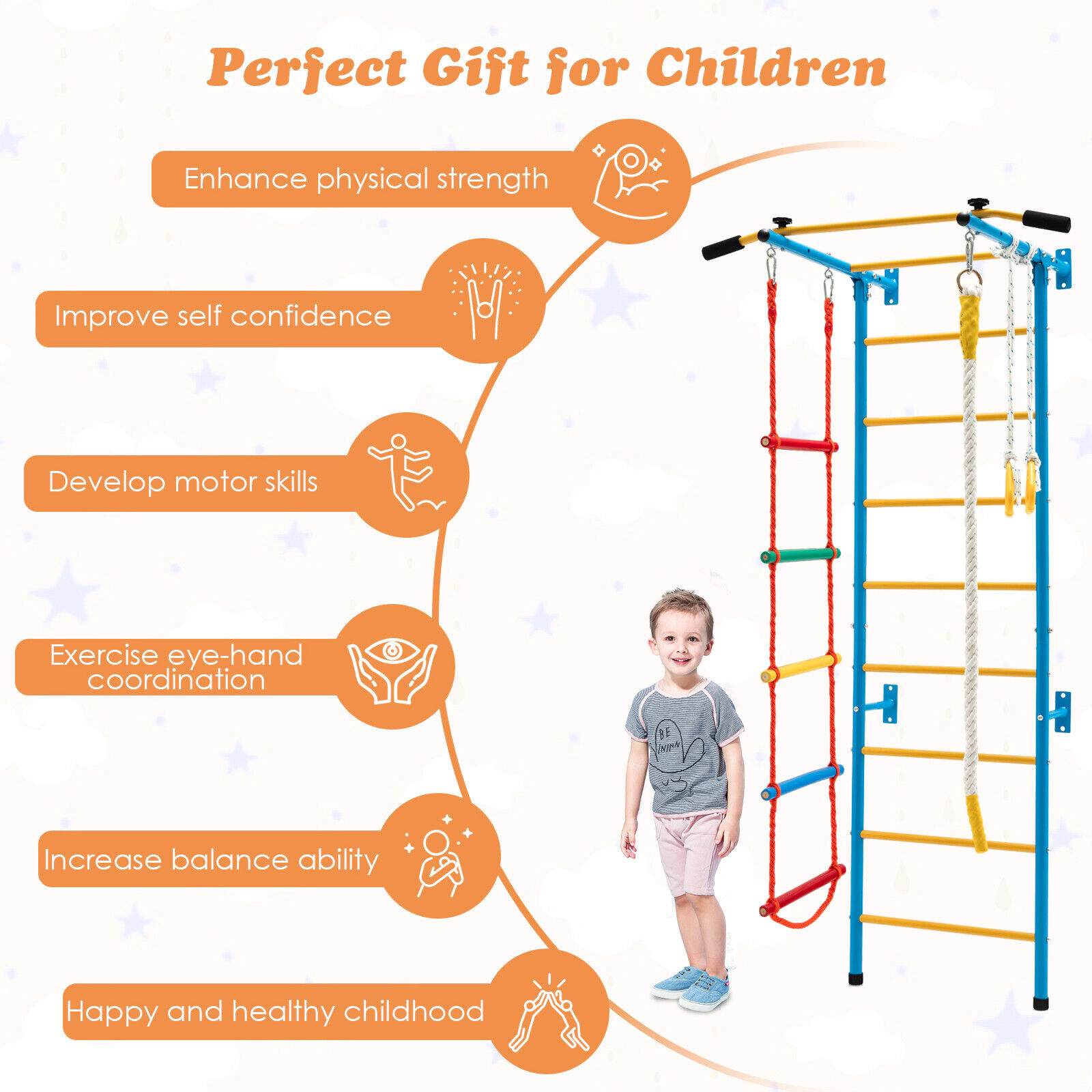SUGIFT Yellow Pull-Up Bar and Gymnastic Rings 7-in-1 Kids Indoor Gym Swedish Wall Ladder