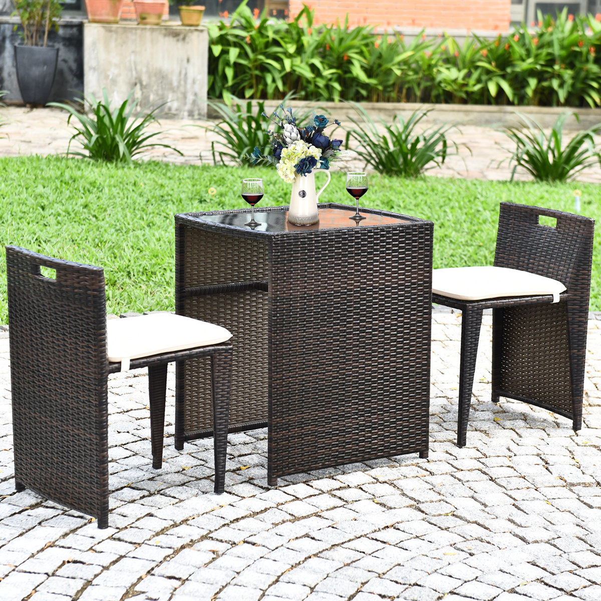 LJG 3 Pieces Cushioned Wicker Patio Bistro Set with No Assembly Needed