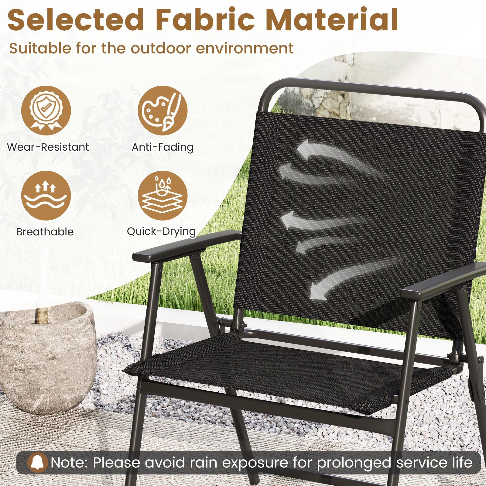 SUGIFT Black Breathable Fabric Seats 3-Piece Patio Folding Chair and Side Table Set