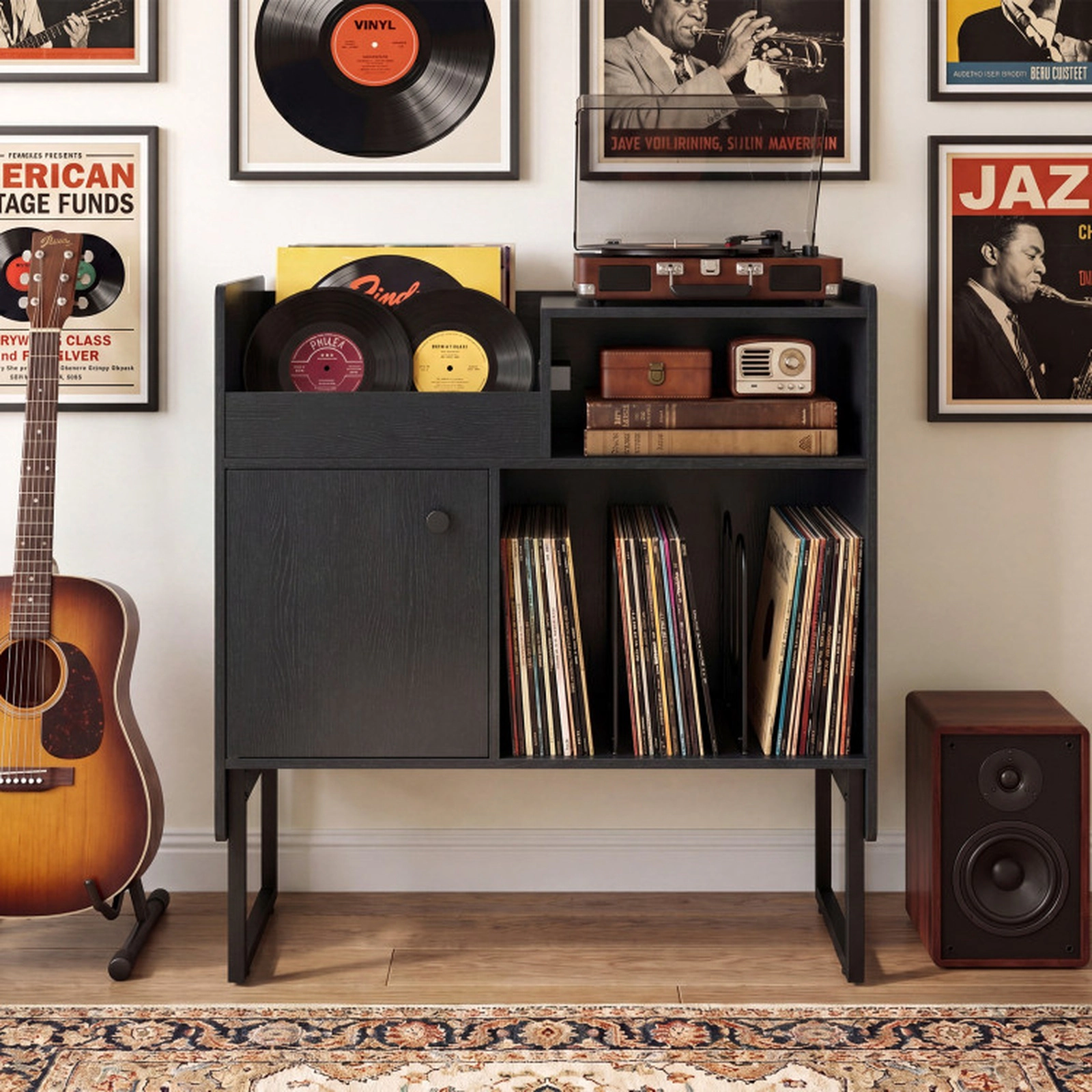 SUGIFT Record Player Stand with Power Outlets & Vinyl Storage Holder up to 250 Albums 400-lb Total Capacity Black/White