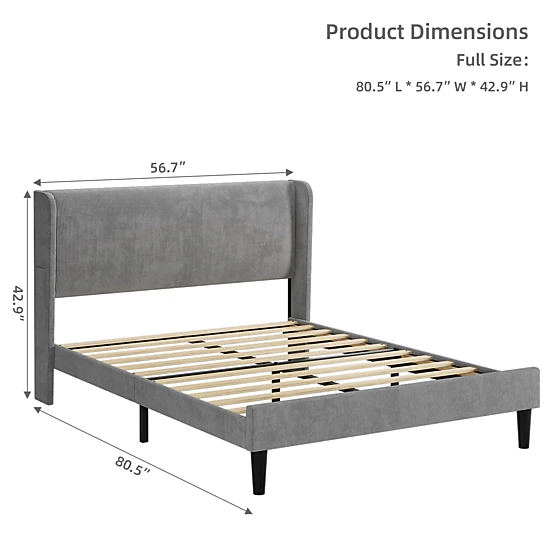 BebreezChic Velvet Upholstered Platform Bed Frame with Wingback ...