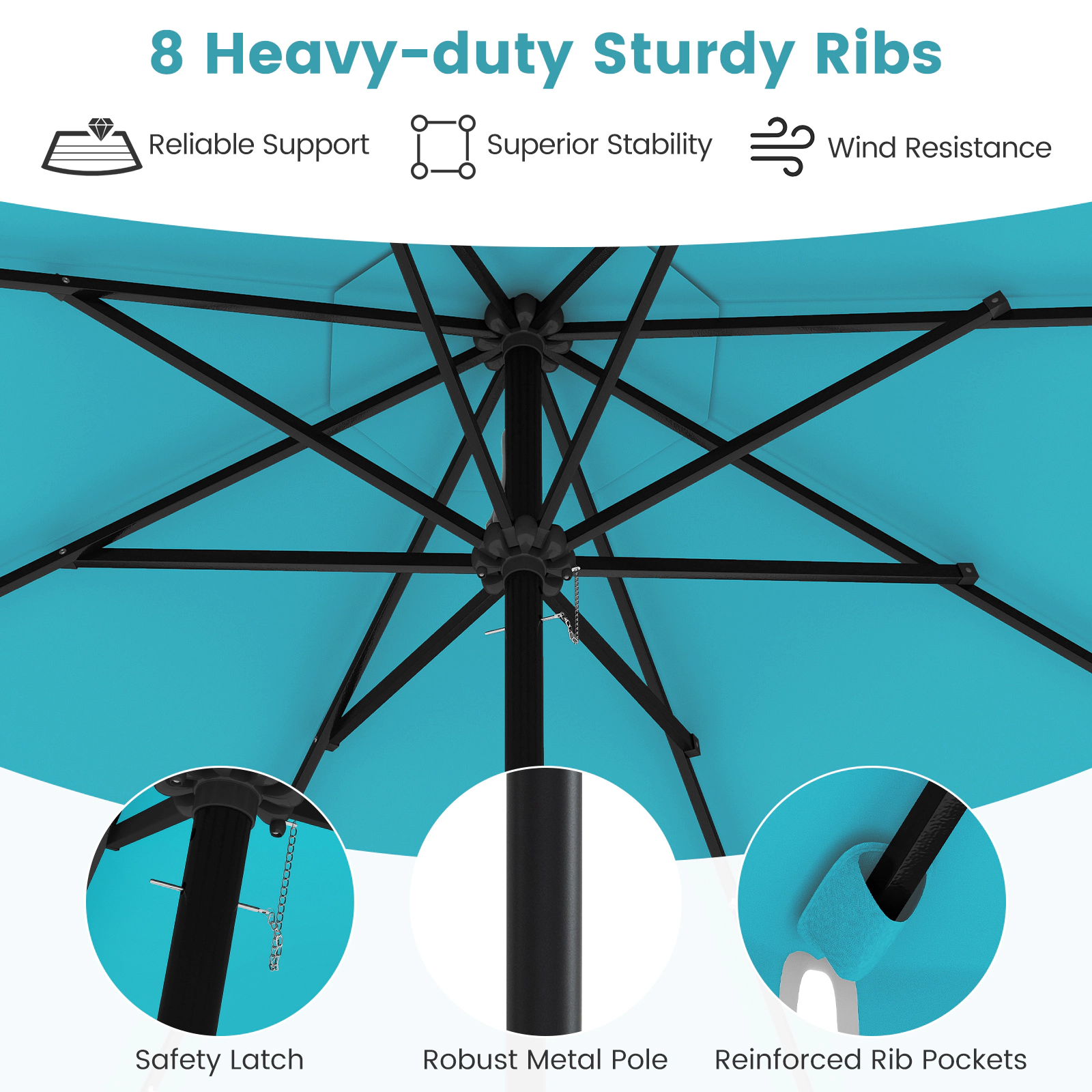 SUGIFT 9.3-ft Solar Patio Umbrella with 24 LED Lights Vented Ruffled Polyester Canopy 16-lb Metal Frame Turquoise