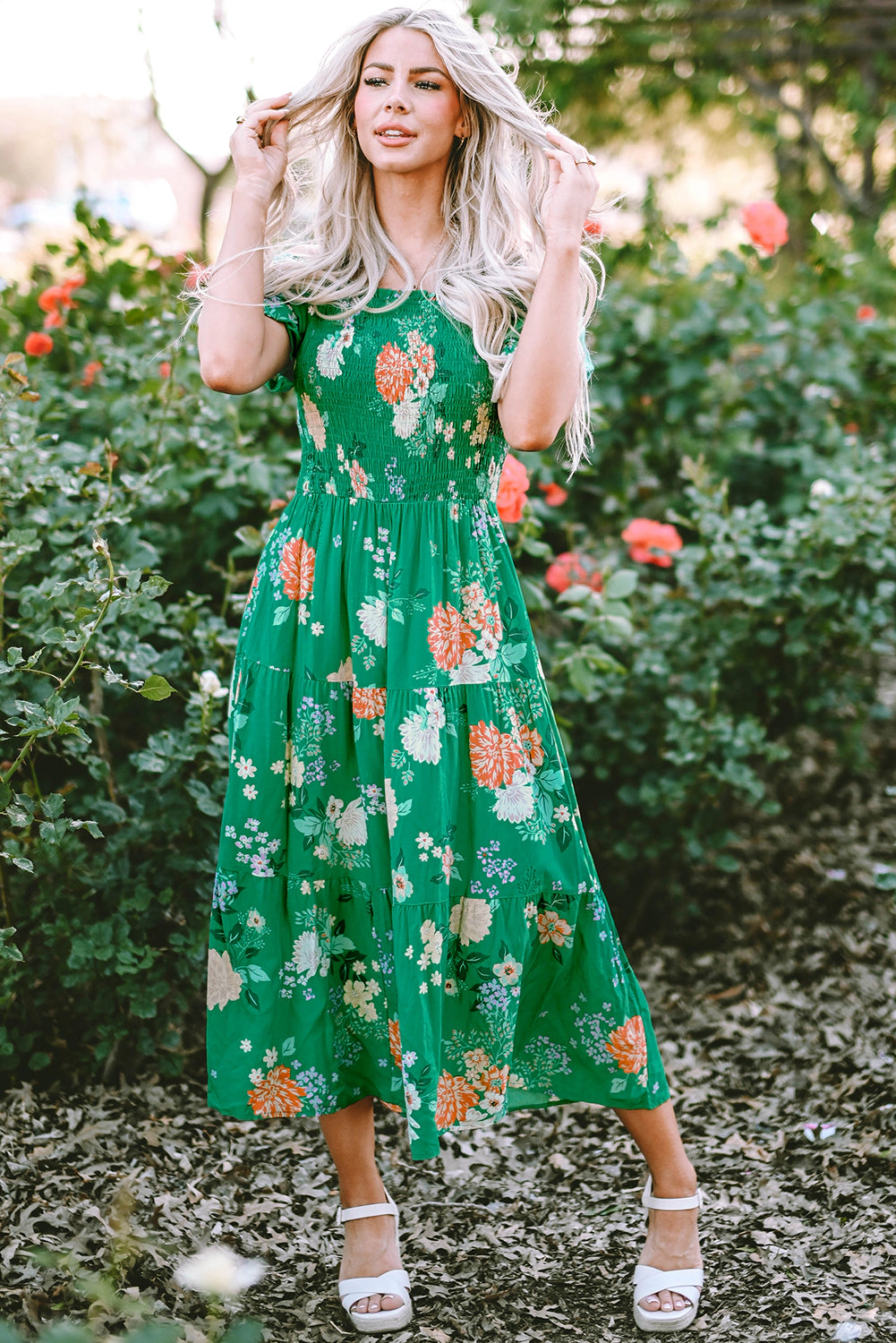 Threaded Pear Women's Kailany Floral Bubble Sleeve Smocked Tiered Midi Dress