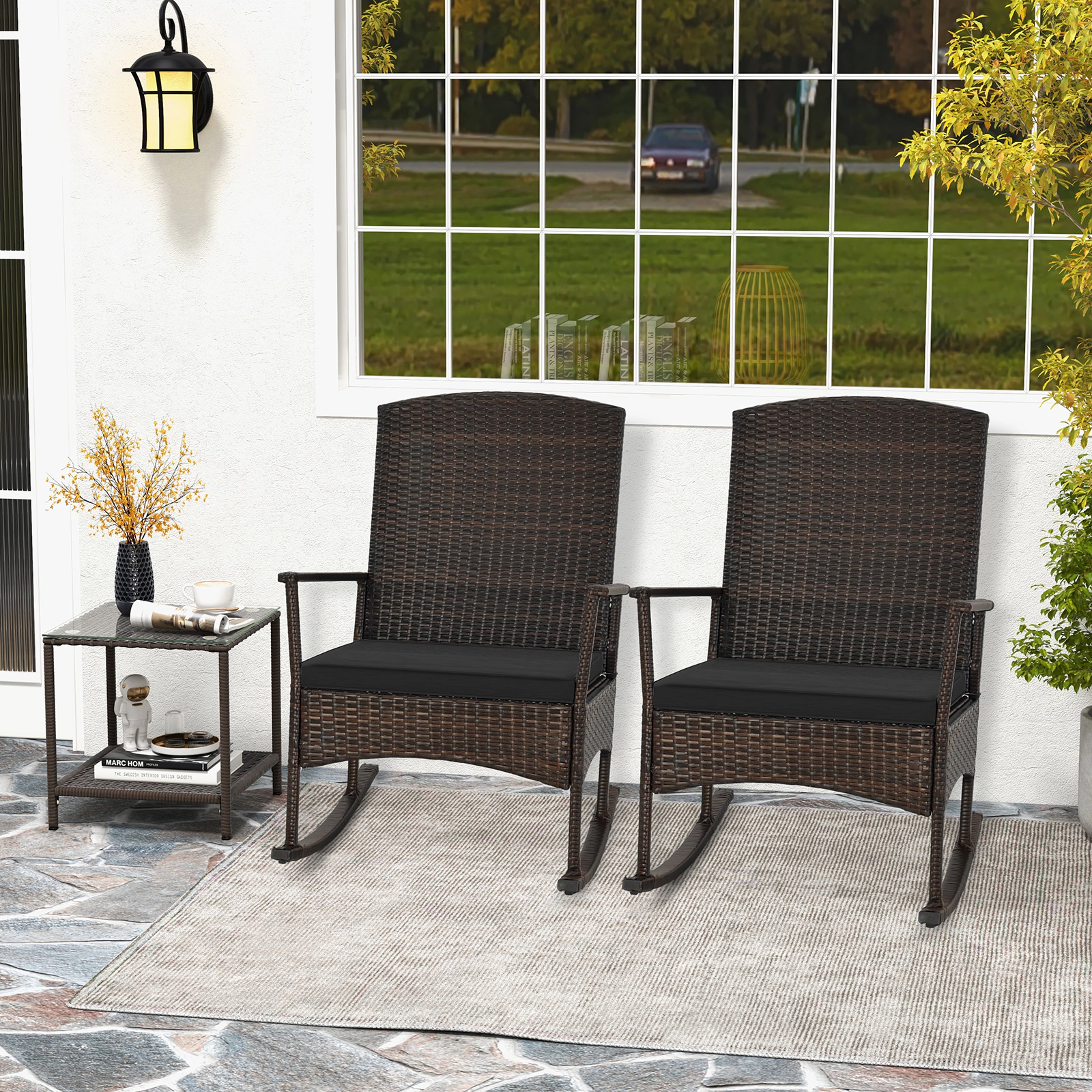 SUGIFT Black 2-Tier Side Table and Cushions 3-Piece Patio Rocking Bistro Set